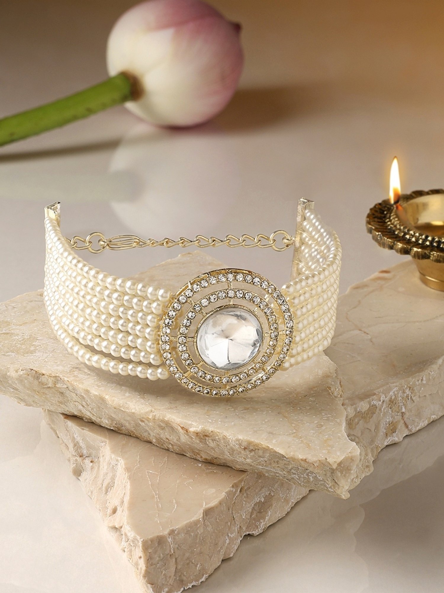 Zaveri Pearls Gold Tone Dazzling Austrian Diamonds Multistrand Pearls Bracelet-ZPFK16599
