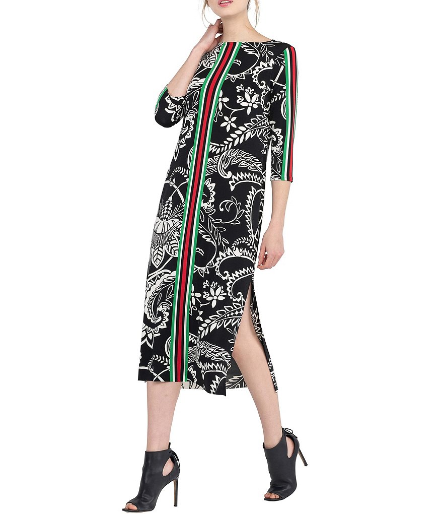Eva Varro Boat Neck 3/4 Sleeve Placement Stripe Paisley Print Knit Side Slit Midi Dress