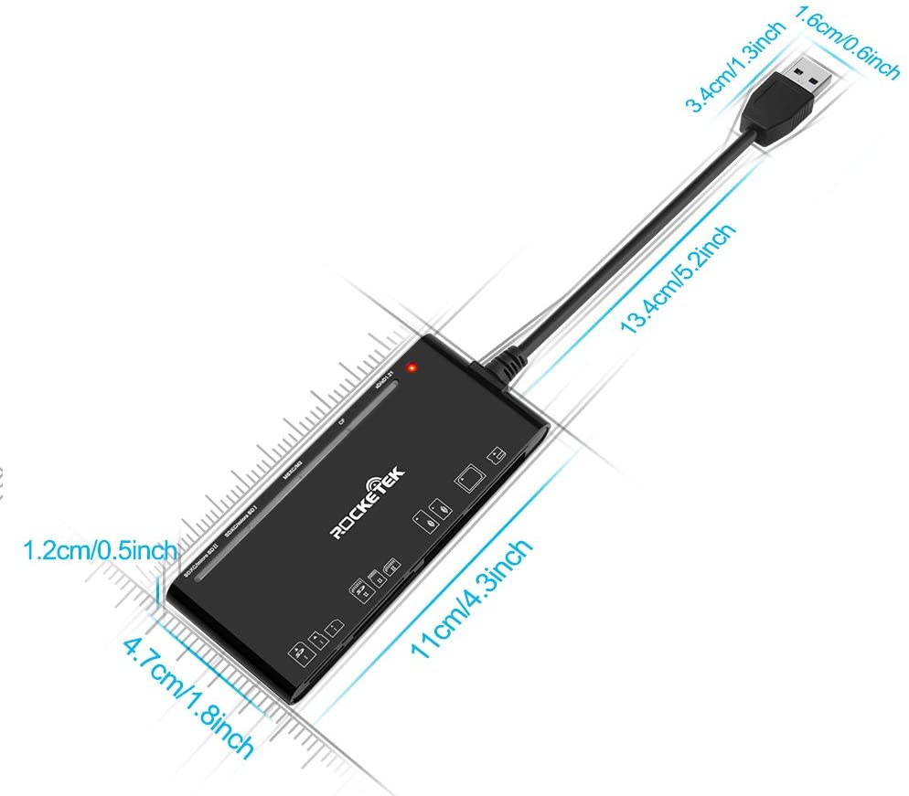 Rocketek USB 3.0 Memory Card Reader/Writer for CF Card, xD Card, SD Card, Micro SD Card, MS Card, with a 13cm USB Cable design - 5 cards read simultaneously