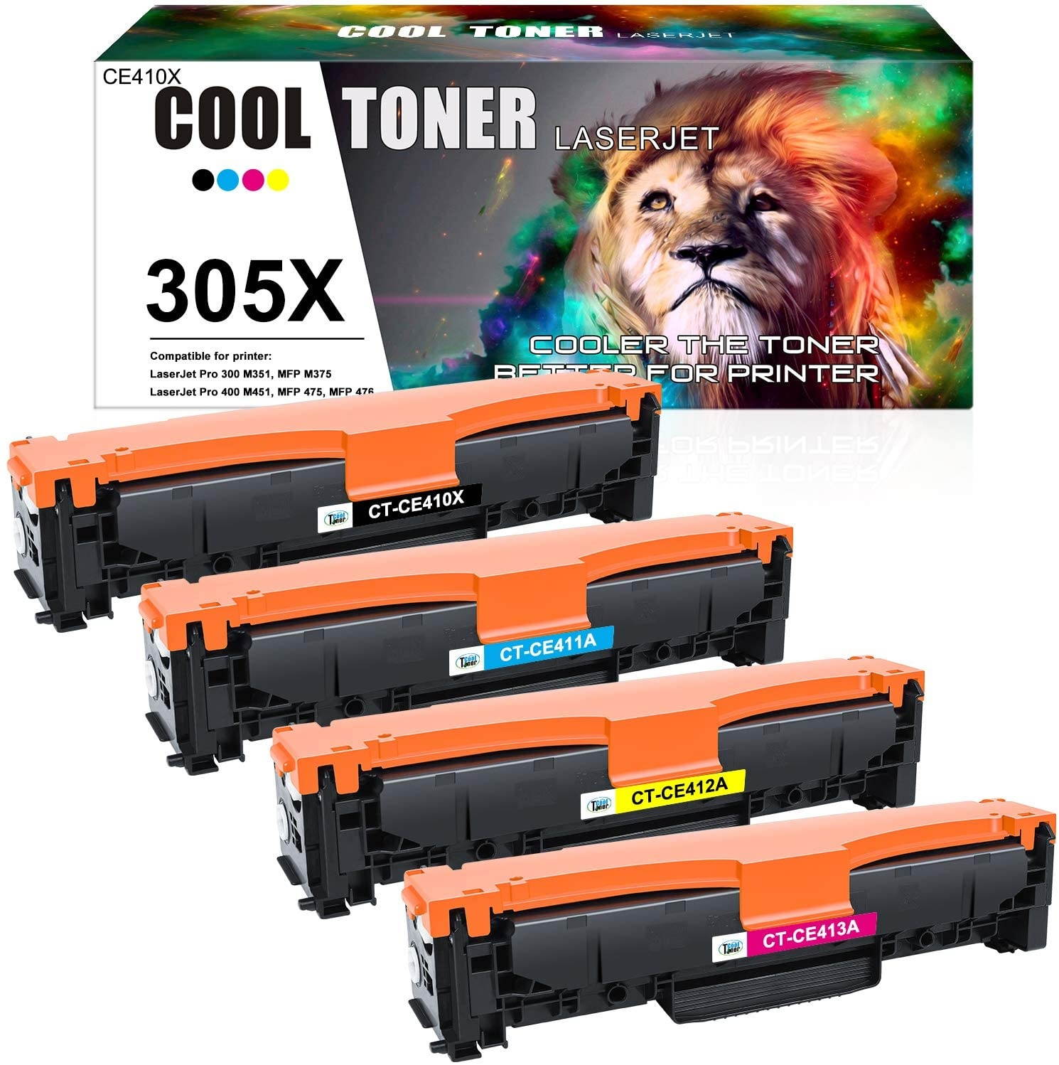 Cool Toner Compatible Toner Cartridge Replacement for HP 305A 305X CE410X CE410A HP Laserjet Pro 400 Toner M451dn M451nw M475dn M476nw M476dw M476dn M451dw M375nw (Black Cyan Magenta Yellow, 4 Pack)