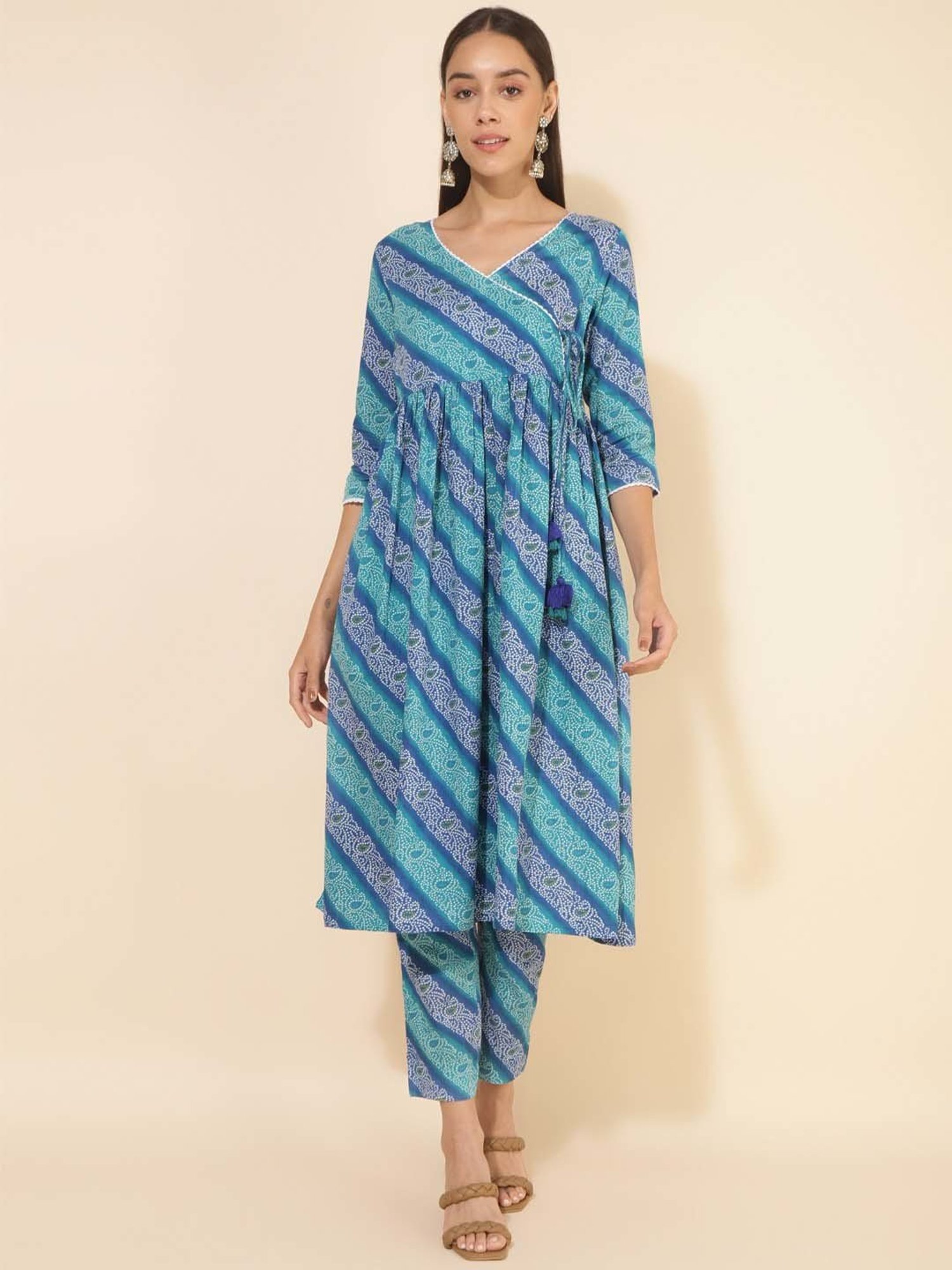 Janasya Blue Cotton Printed Kurta Pant Set