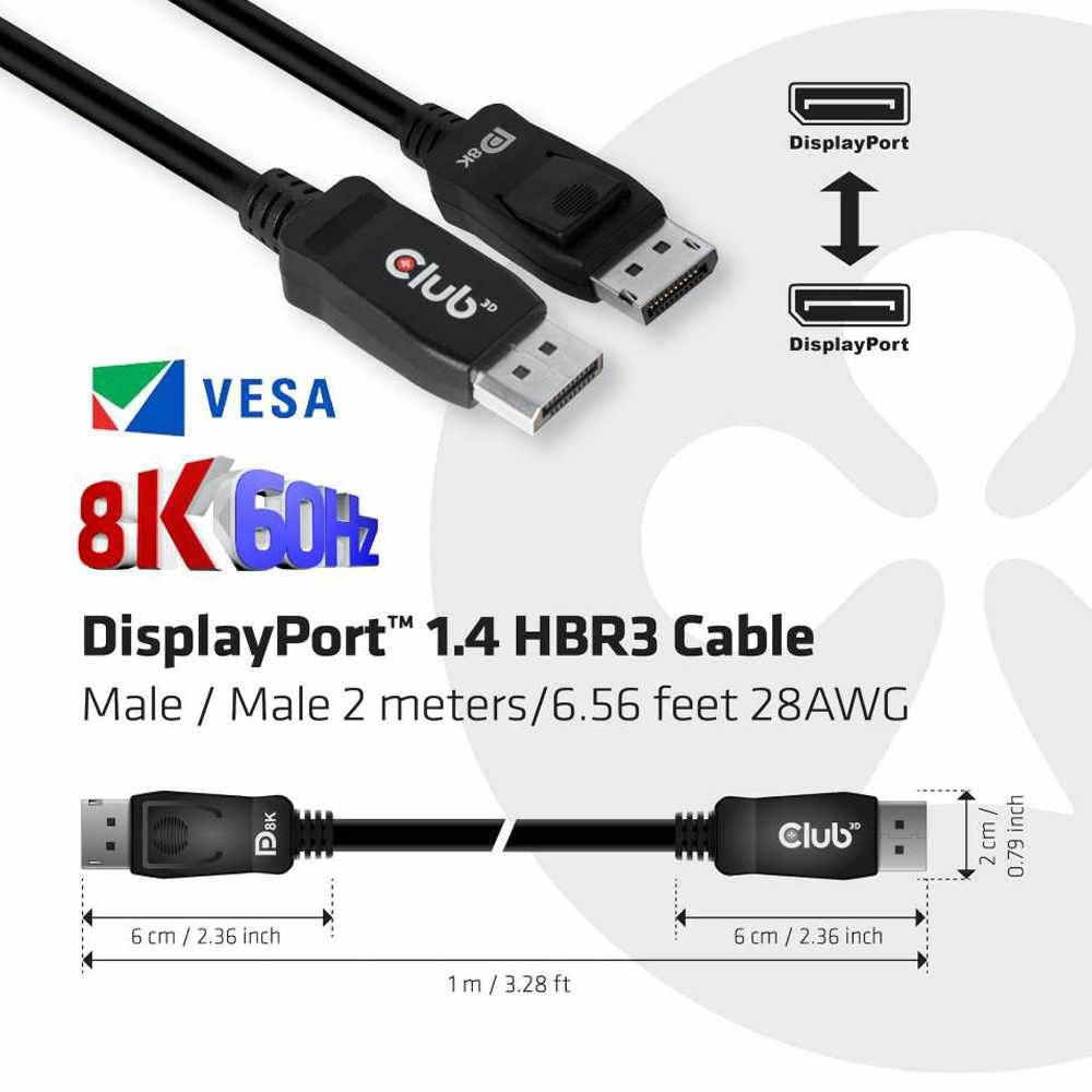 Club 3D Displayport 1.4 Hbr3 Cable M/M 2M/6.56Ft