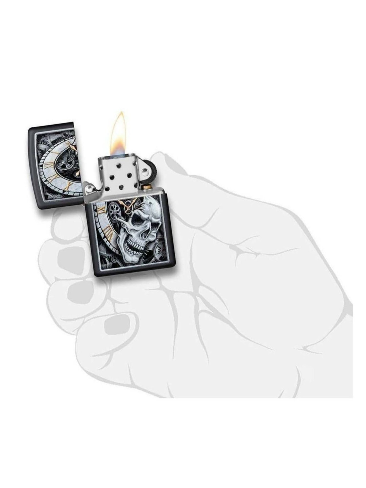 Zippo Black & Grey Skull Clock Design Brass Pocket Lighter