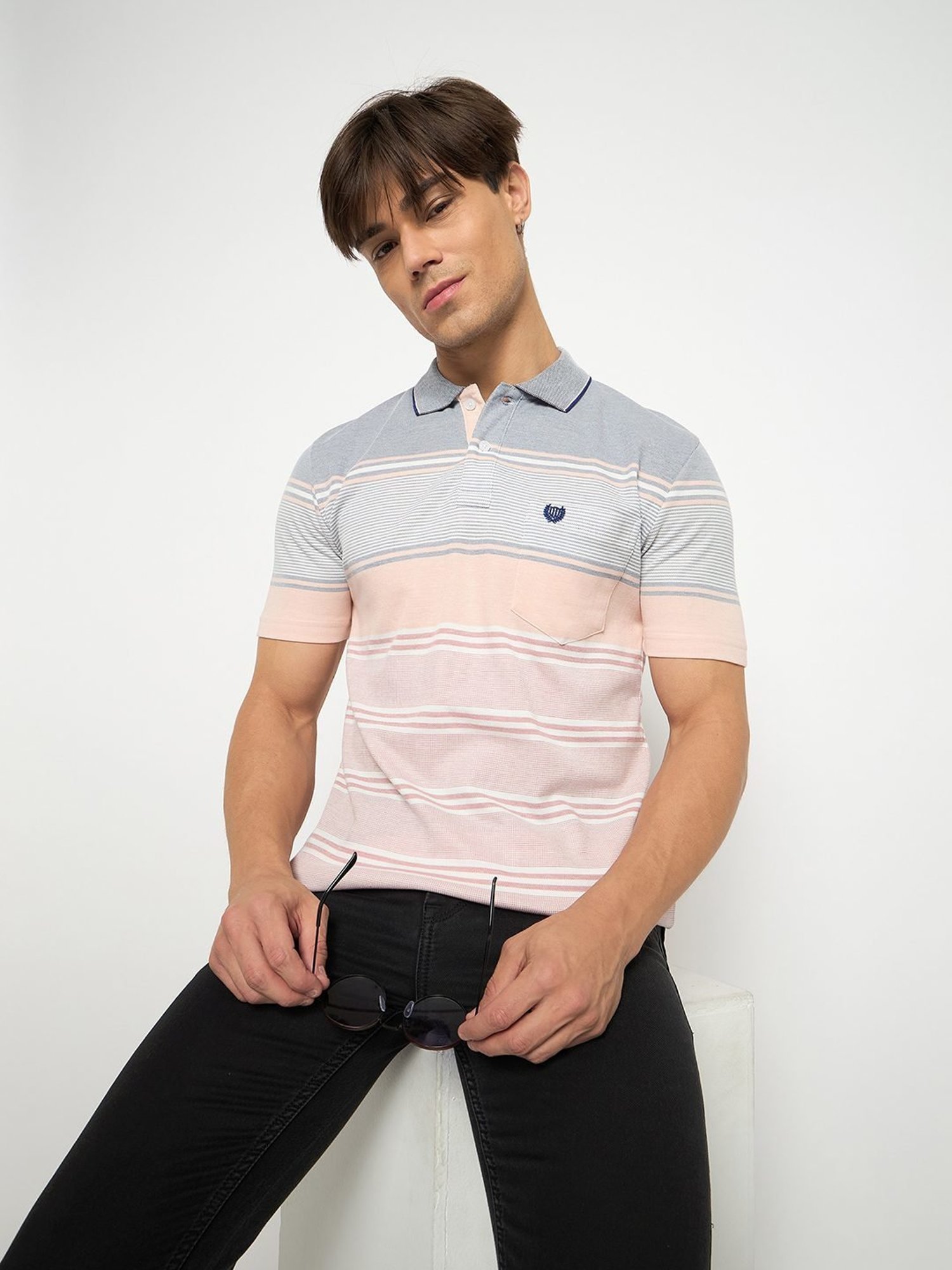 Duke Powder Pink Regular Fit Striped Polo T-Shirt