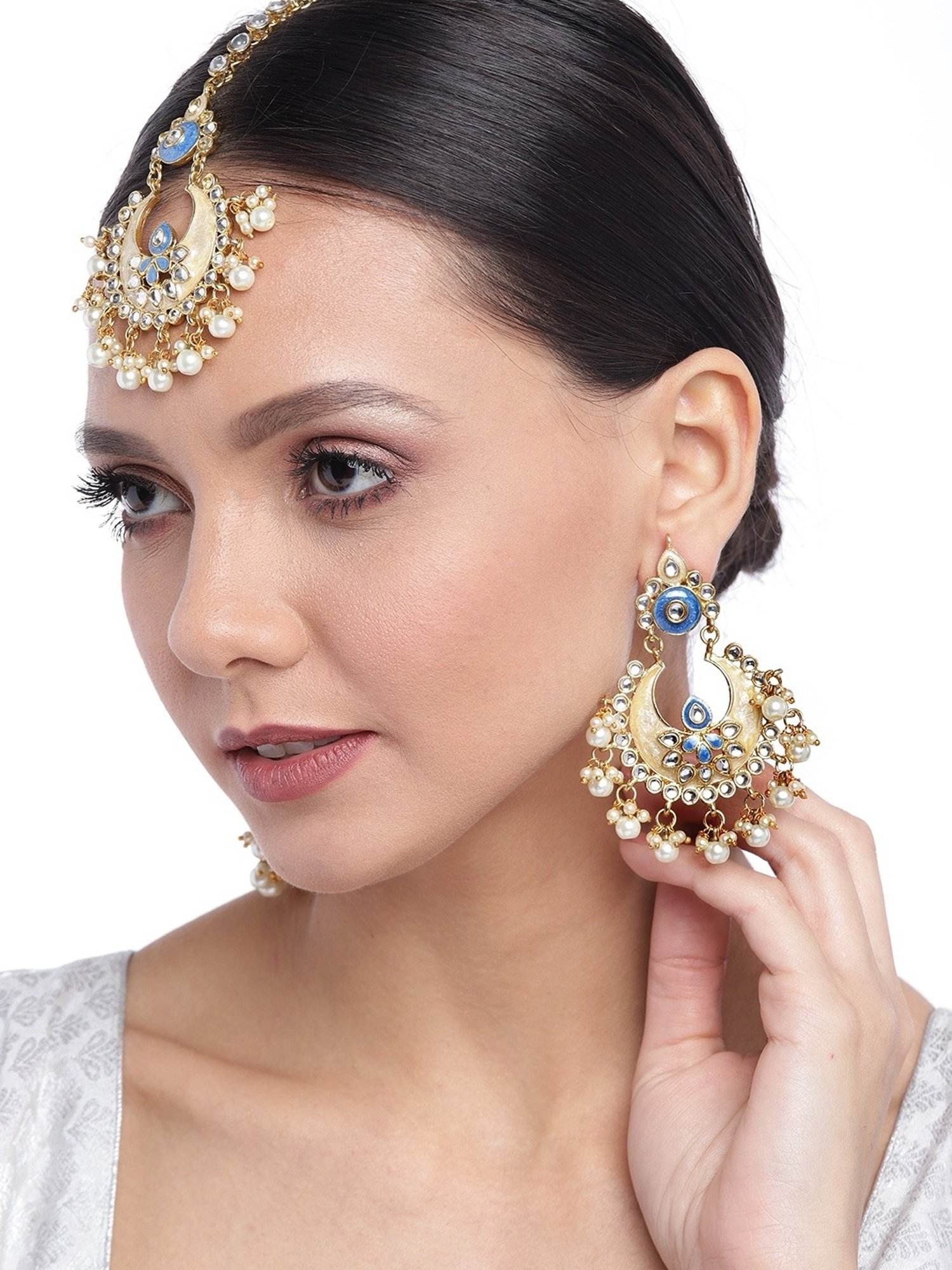 Zaveri Pearls Enamelling Blue Kundan & Pearls Wedding Collection Earring & Maangtikka Set-ZPFK9747