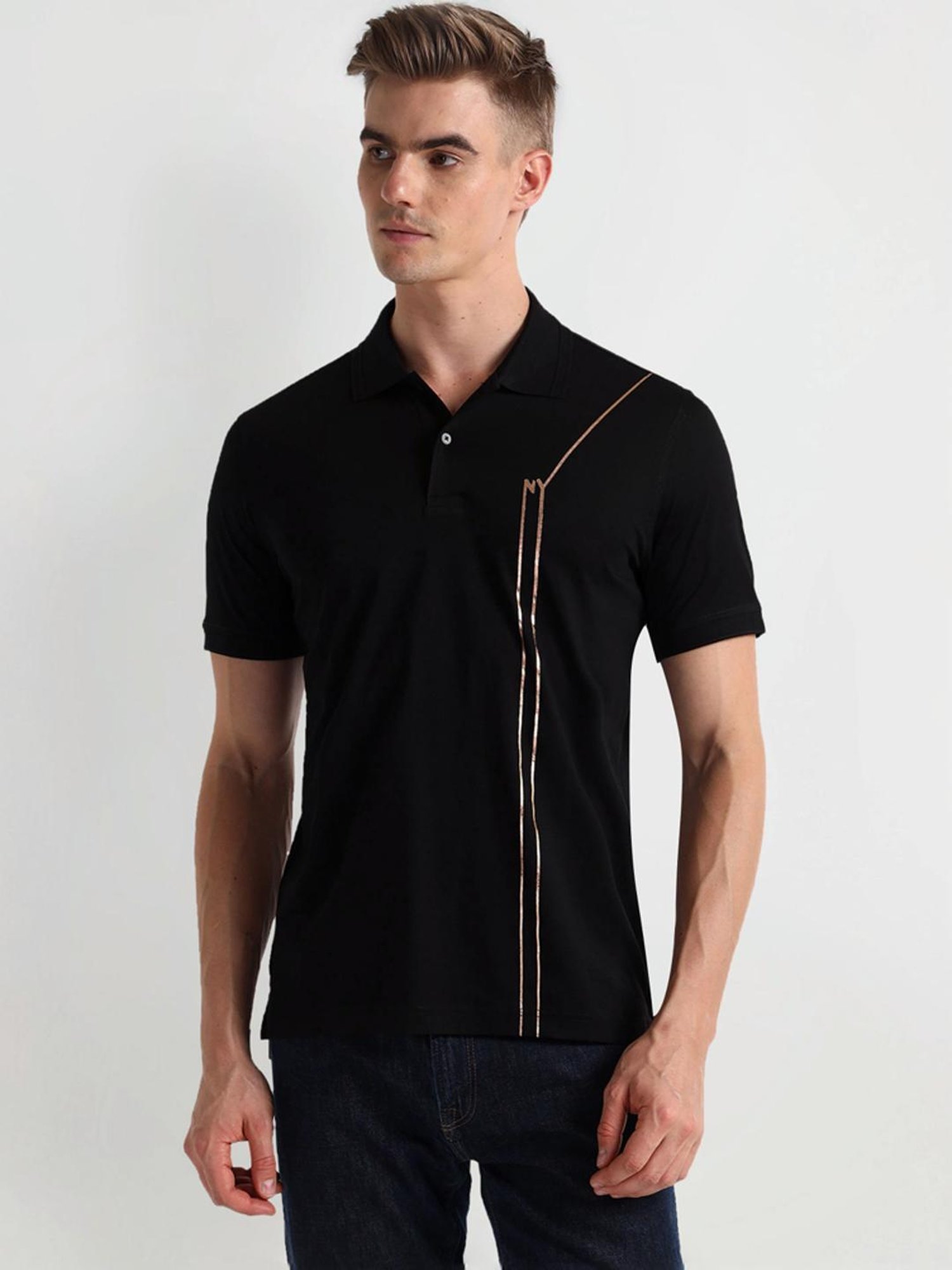 Arrow New York Black Regular Fit Printed Polo T-Shirt