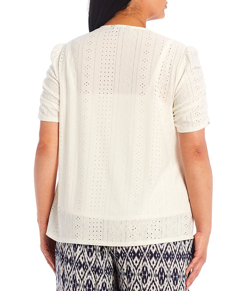 I.N. Studio Plus Size Solid Eyelet Knit V-Neck Ruched Elbow Short Sleeve Button Down Tie-Front Top