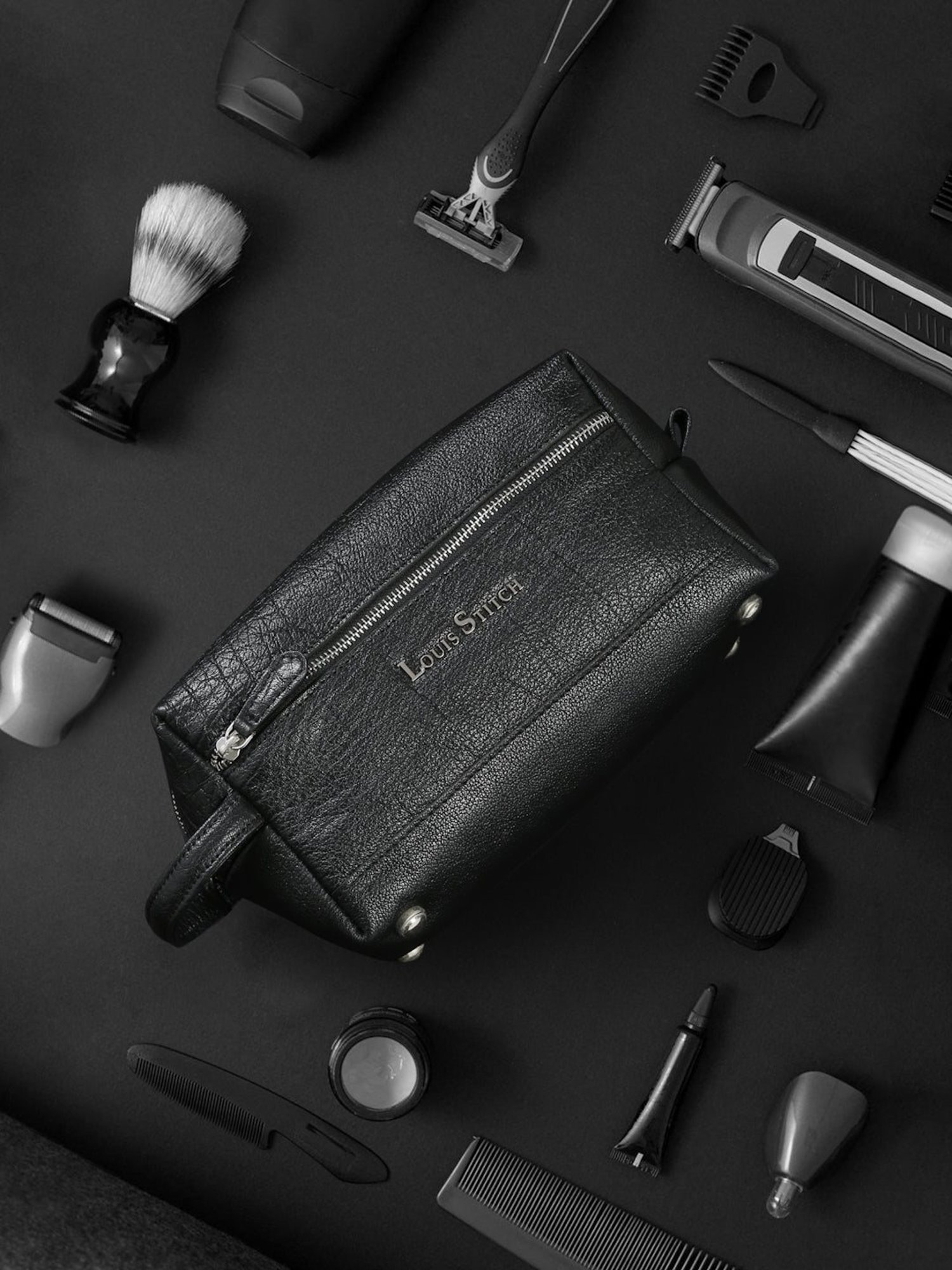 Louis Stitch Jet Black Leather Medium Toiletry Pouch