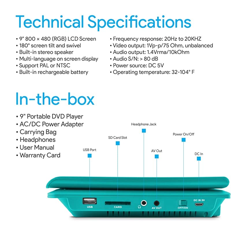 9 Portable DVD Player with Matching Headphones and Bag EPD909tl