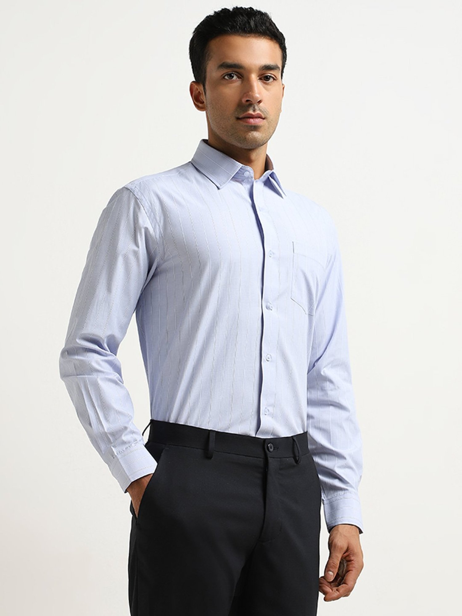 WES Formals by Westside Blue Pinstripe Design Relaxed-Fit Shirt