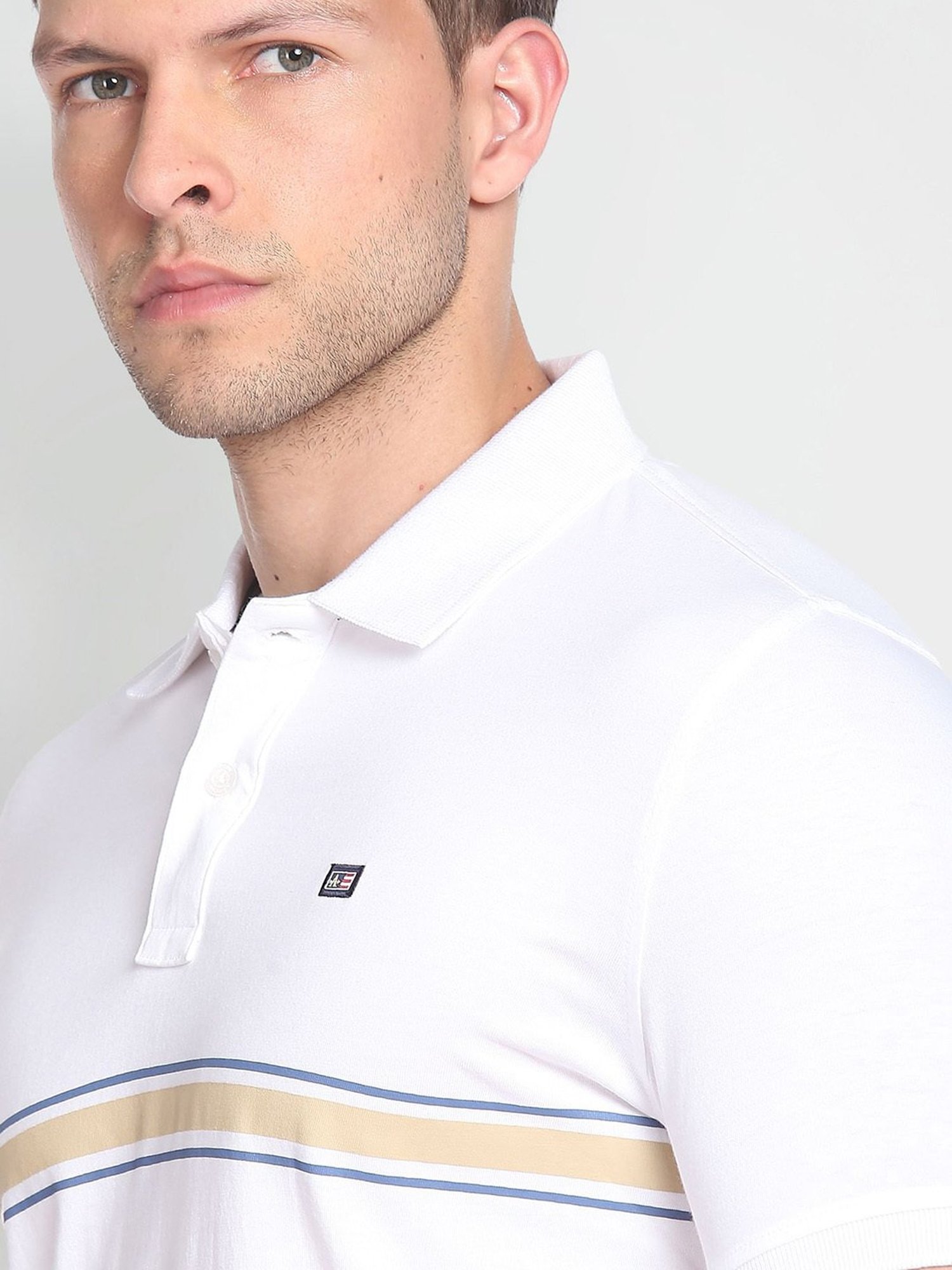 Arrow Sport White Cotton Regular Fit Striped Polo T-Shirt