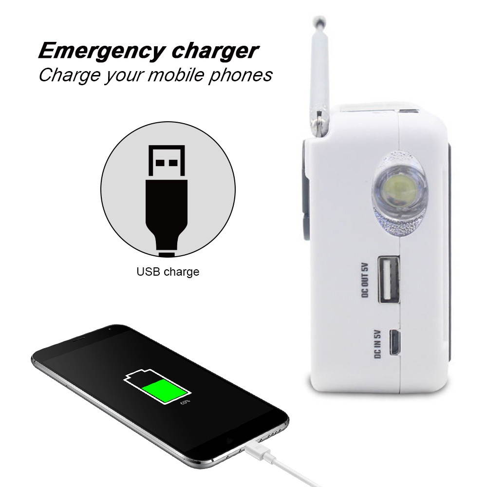 Multiple Use Solar Powered Or Power Generation by Hand FM Radio 1LED Flashlight USB Charging Emergency Charger Emergency Alarm