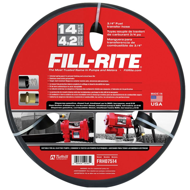 Fill-Rite FRH07514 3/4 Inch x 14 Foot Neoprene Replacement Fuel Transfer Hose with Male Ends Compatible with All Electric Fuel Pumps