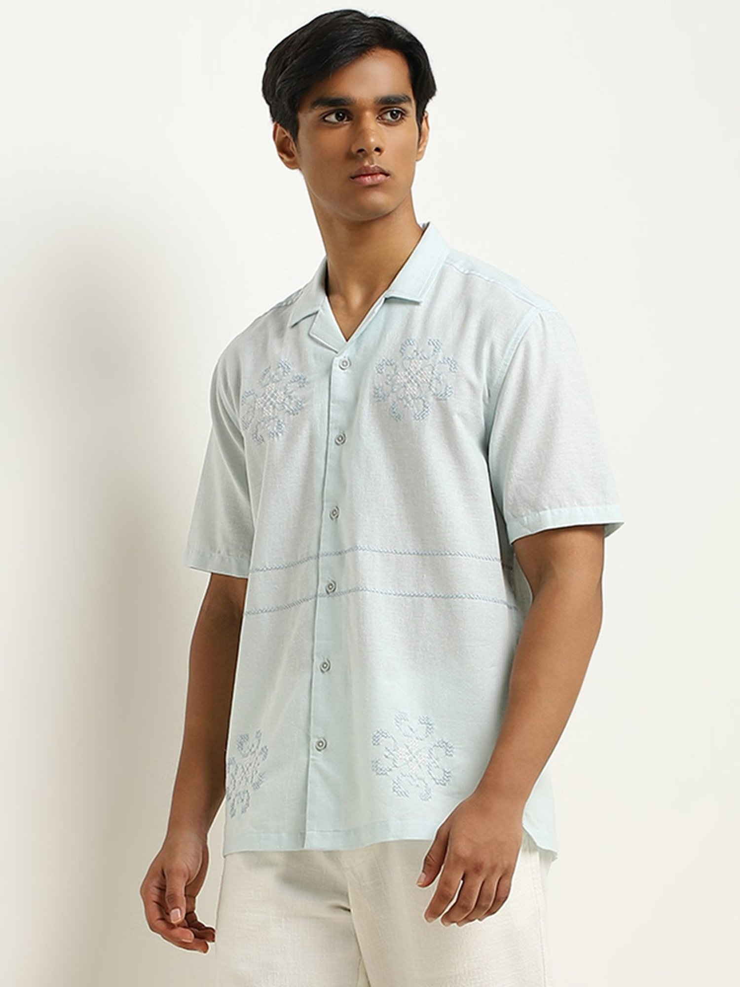 ETA by Westside Light Blue Embroidered Relaxed-Fit Cotton Blend Shirt