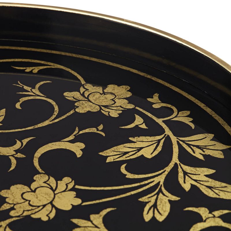 Dahlia Studios Floral Painted Black and Gold Round Decorative Tray