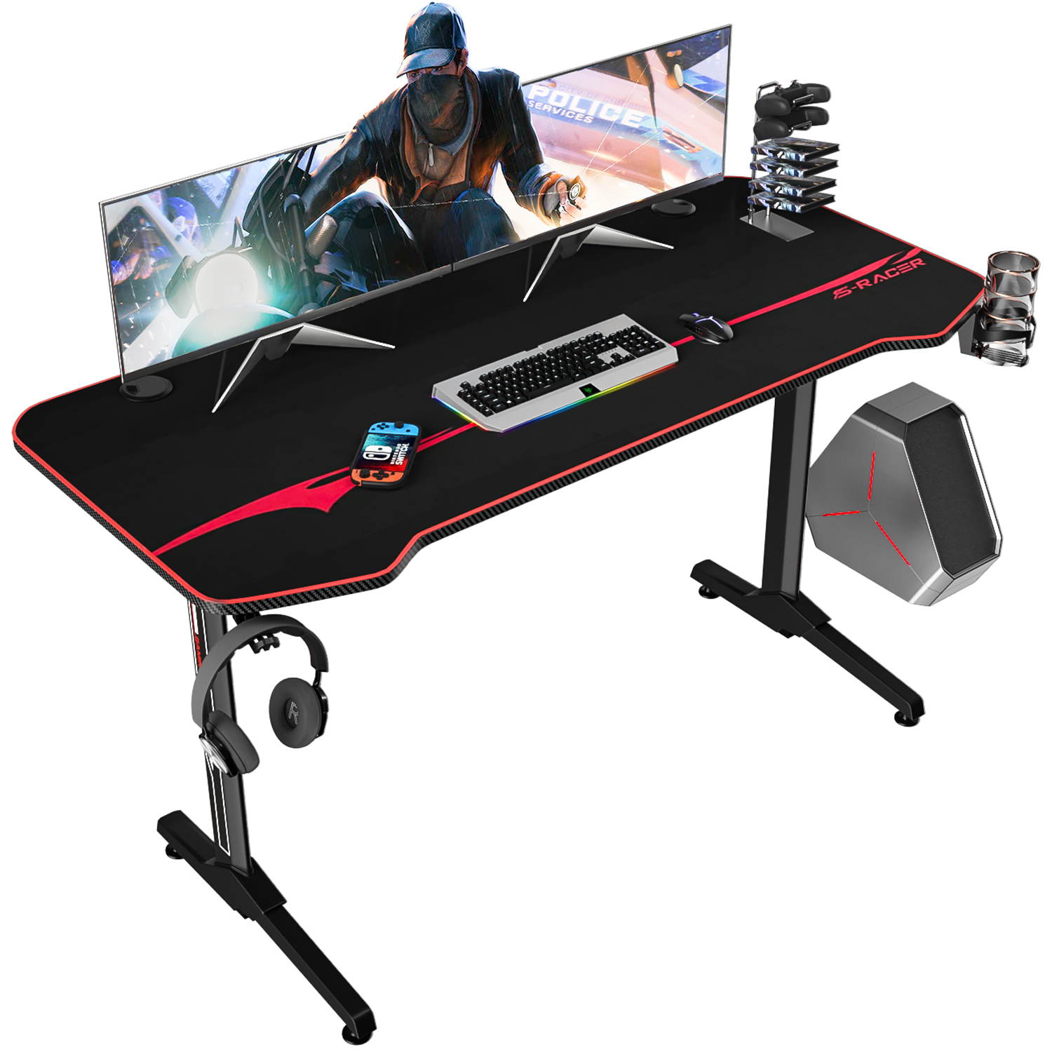 Homall 55 Inch Ergonomic Gaming Desk PC Computer Desk Home Office Table T-shaped Frame Table for Pressional Game Lover with Free Mouse Pad, Headphone Hook, Game Handle Rack and Cup Holder (Black)