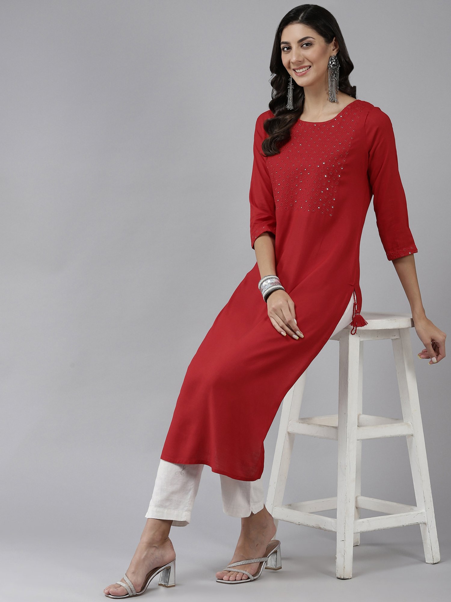 Prakrti Red Embroidered Straight Kurta