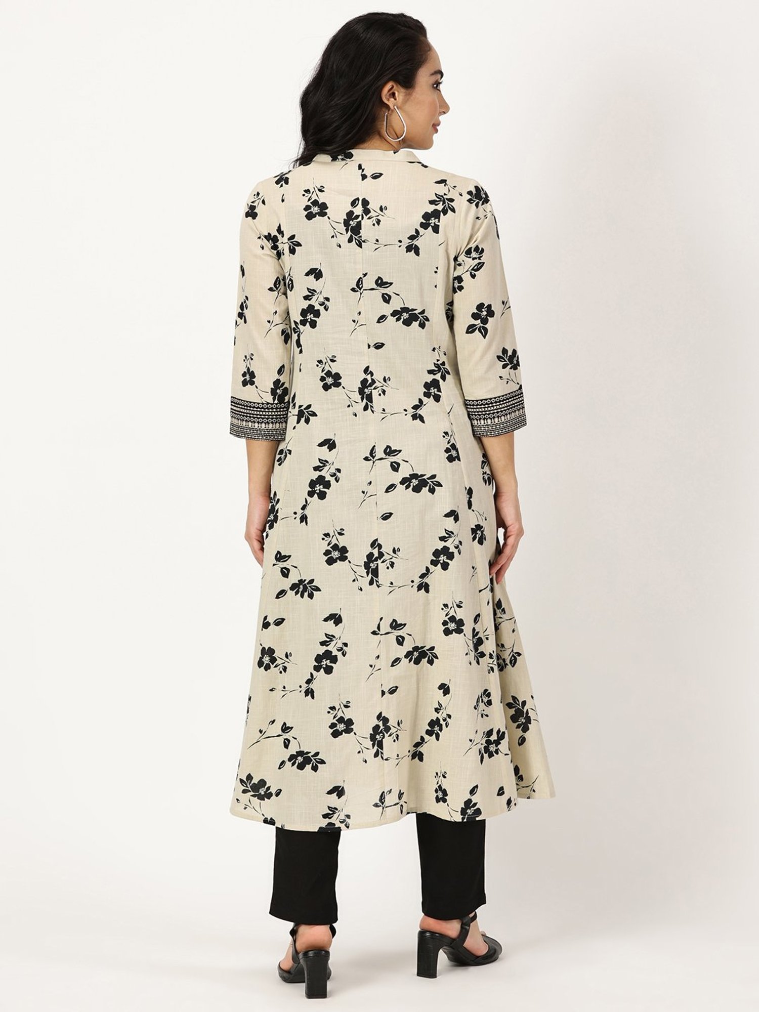 Saffron Threads Beige Cotton Floral Print A Line Kurta