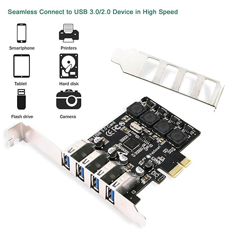 PCIE 4-Ports Super Fast 5Gbps USB 3.0 Expansion Card for Windows Server XP Vista 7 8 8.1 10 (32/64bit) Desktop PC-Build in Self-Powered Technology-No Need Additional Power Supply (FS-U4L-Pro)