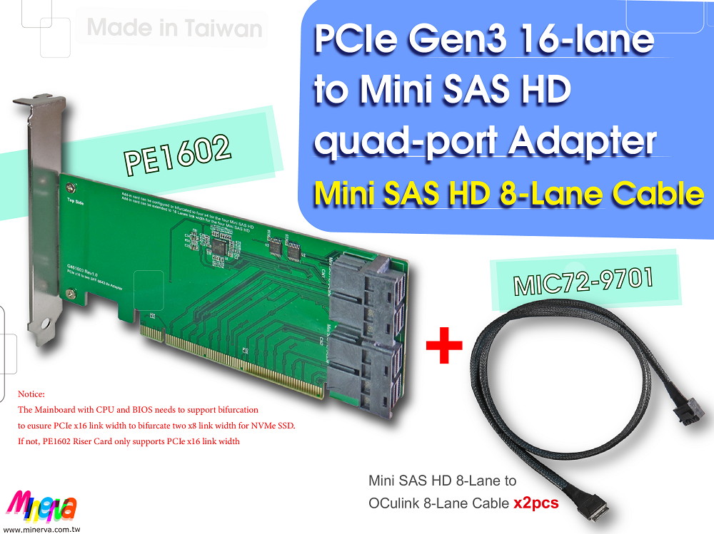 PCIe x16 Gen3 to Mini SAS HD (SFF-8643) quad-port Adapter with Mini SAS HD 8-Lane to OCulink (SFF-8611) 8-Lane Cable x2pcs KIT