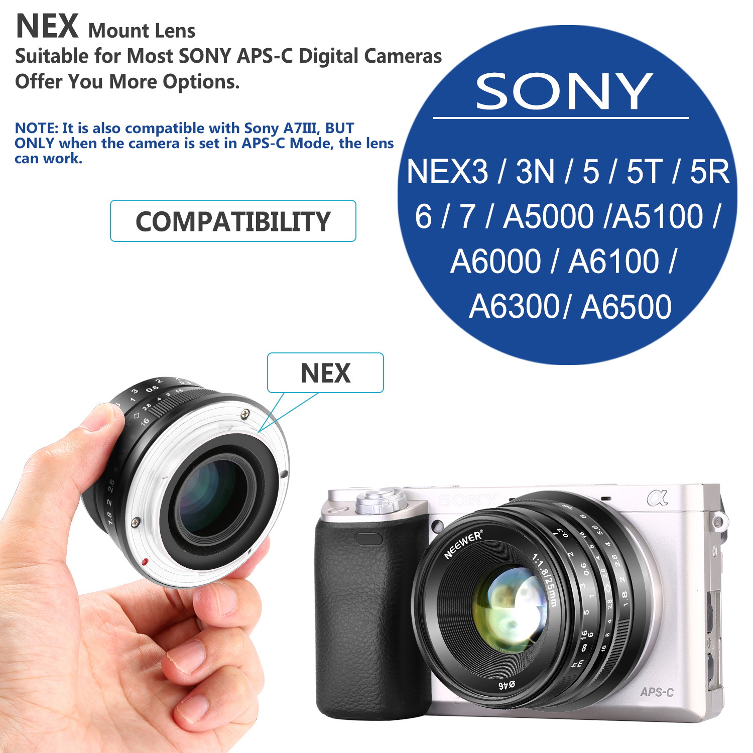 Neewer 25mm F1.8 APS-C Large Aperture Wide Angle Lens Manual Focus Lens for Sony E Mount Mirrorless Cameras A7III A9 NEX 3 3N 5 NEX 5T NEX 5R NEX 6 7 A6400 A5000 A5100 A6000 A6100 A6300 A6500