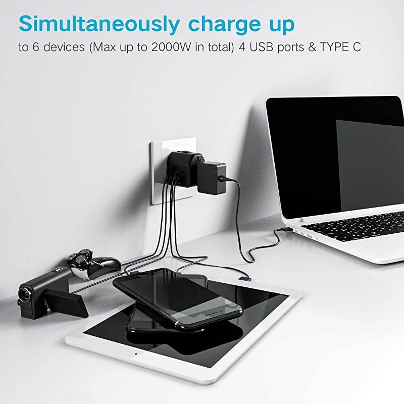 Upgraded 2000W Travel Adapter Allinone International Power Adapter with 4 USB Type C European Adapter Travel Power Adapter Wall Charger for UK EU AU Asia by