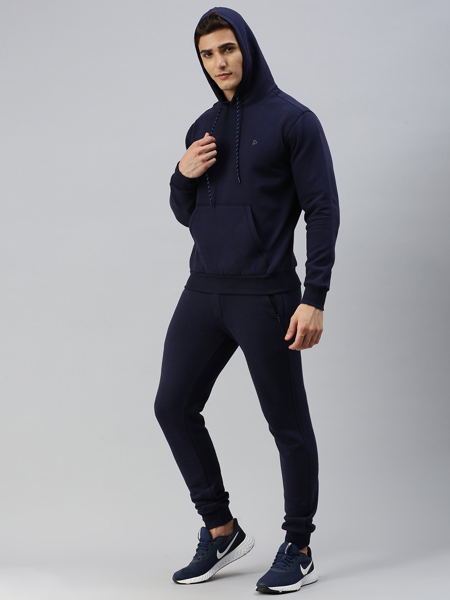 Sporto Navy Regular Fit Hooded Sweatshirt and Joggers Set