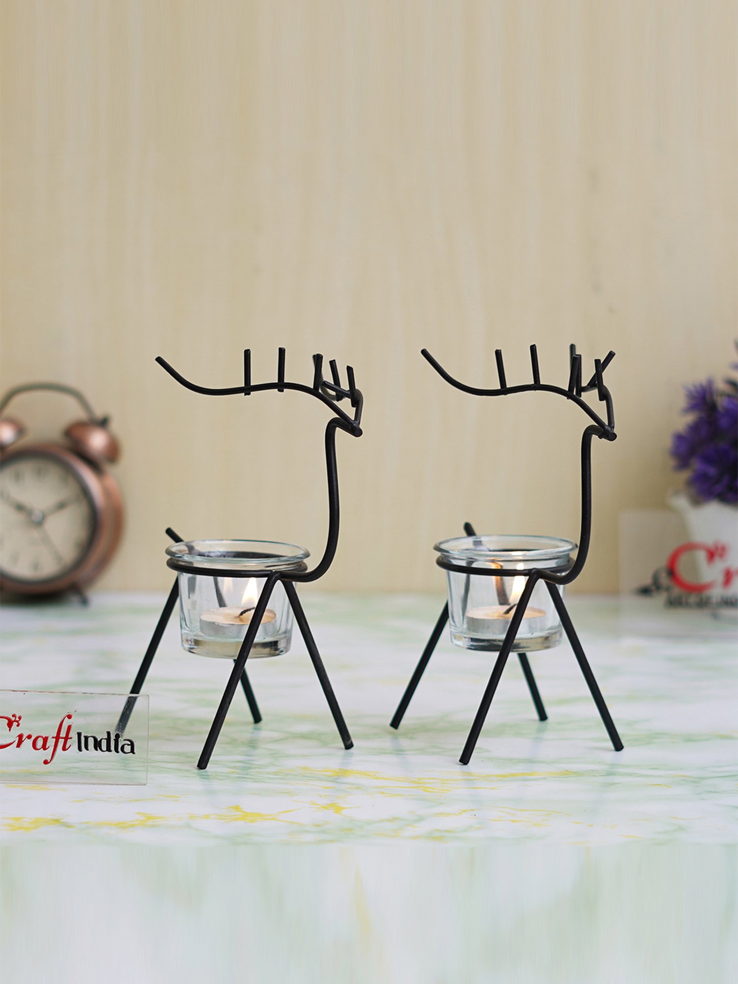 eCraftIndia Solid Metal Deer Shape Tea Light Candle Holders - Set of 2