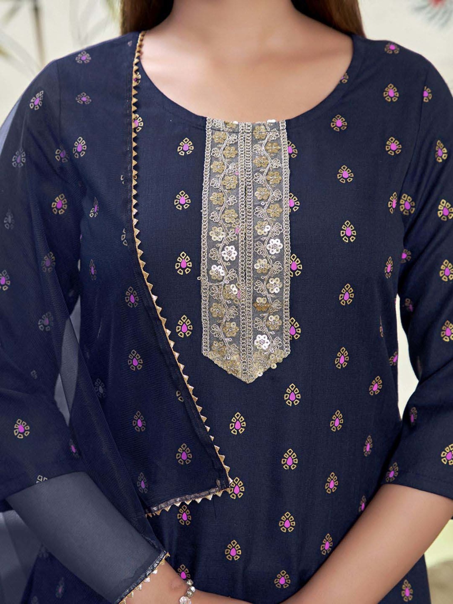 Skylee Navy Cotton Embroidered Kurta Pant Set With Dupatta