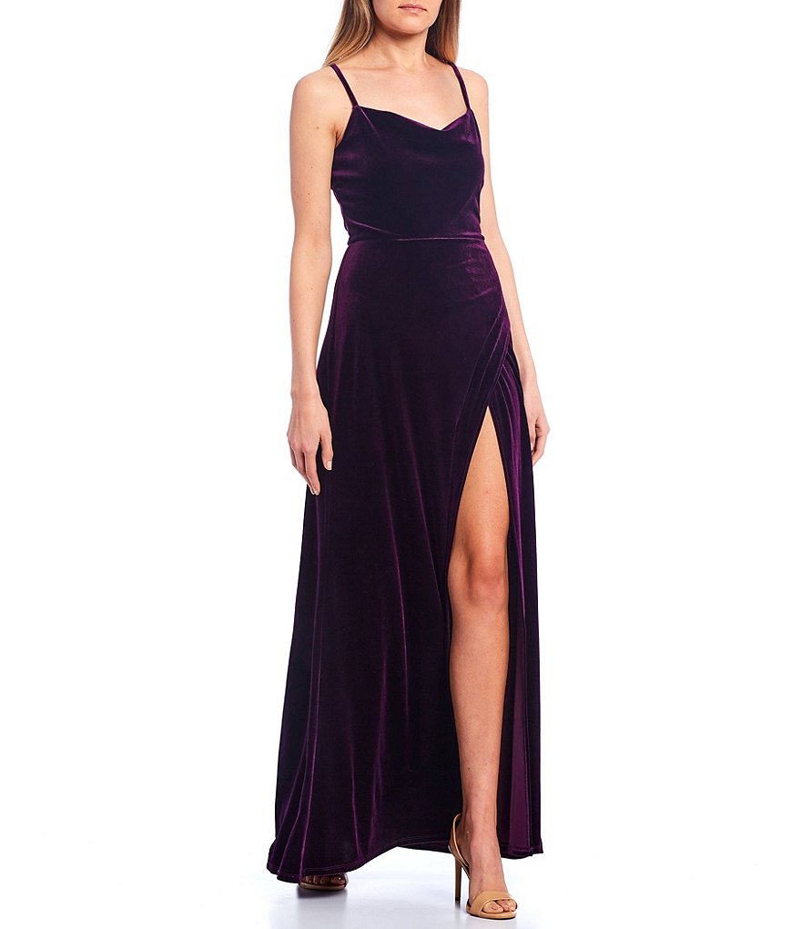 Xtraordinary Cowl Neck Velvet Faux-Wrap Skirt Front High Slit Long Dress