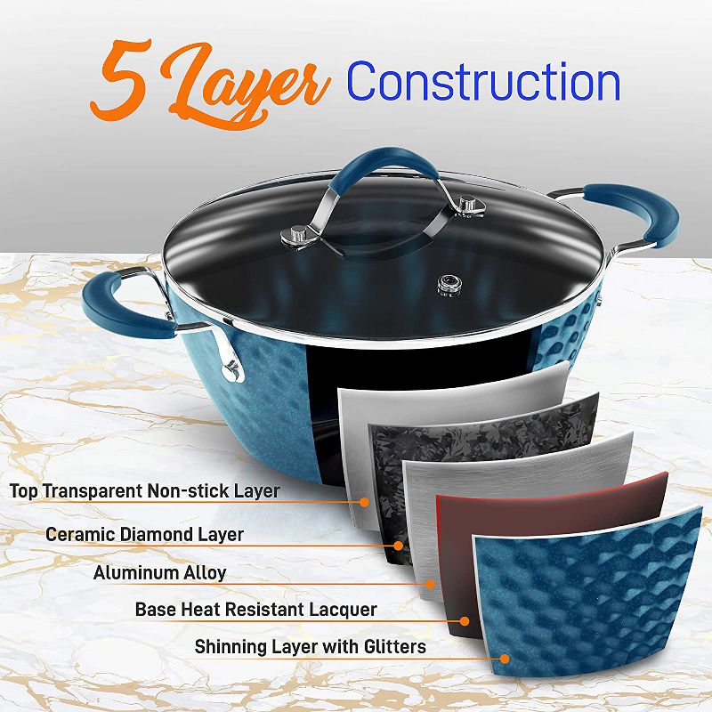 NutriChef NCCW11BD 11 Piece Nonstick Ceramic Coating Diamond Pattern Kitchen Cookware Pots and Pan Set with Lids and Utensils, Royal Blue