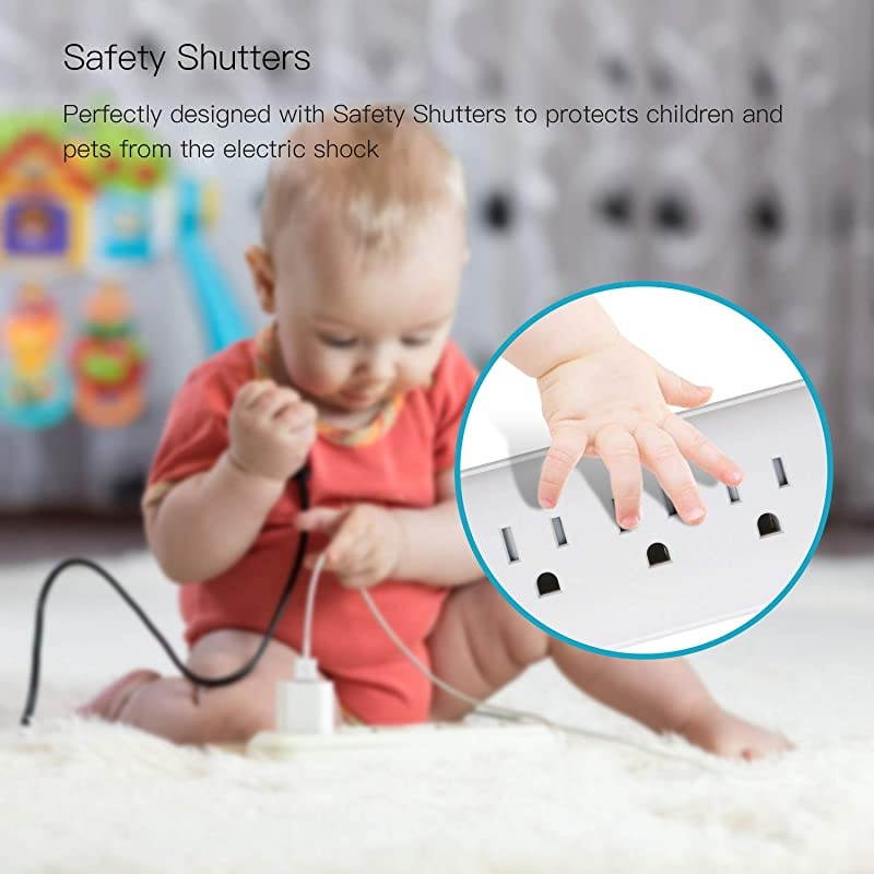 2100J Surge Protector USB Power Strip with ETL Approval 15A Angled Flat Plug Mountable Extension Cord Fast Charging Station 6 Outlet 5ft for Phone Tablet PC Garage Kitchen Home Office White