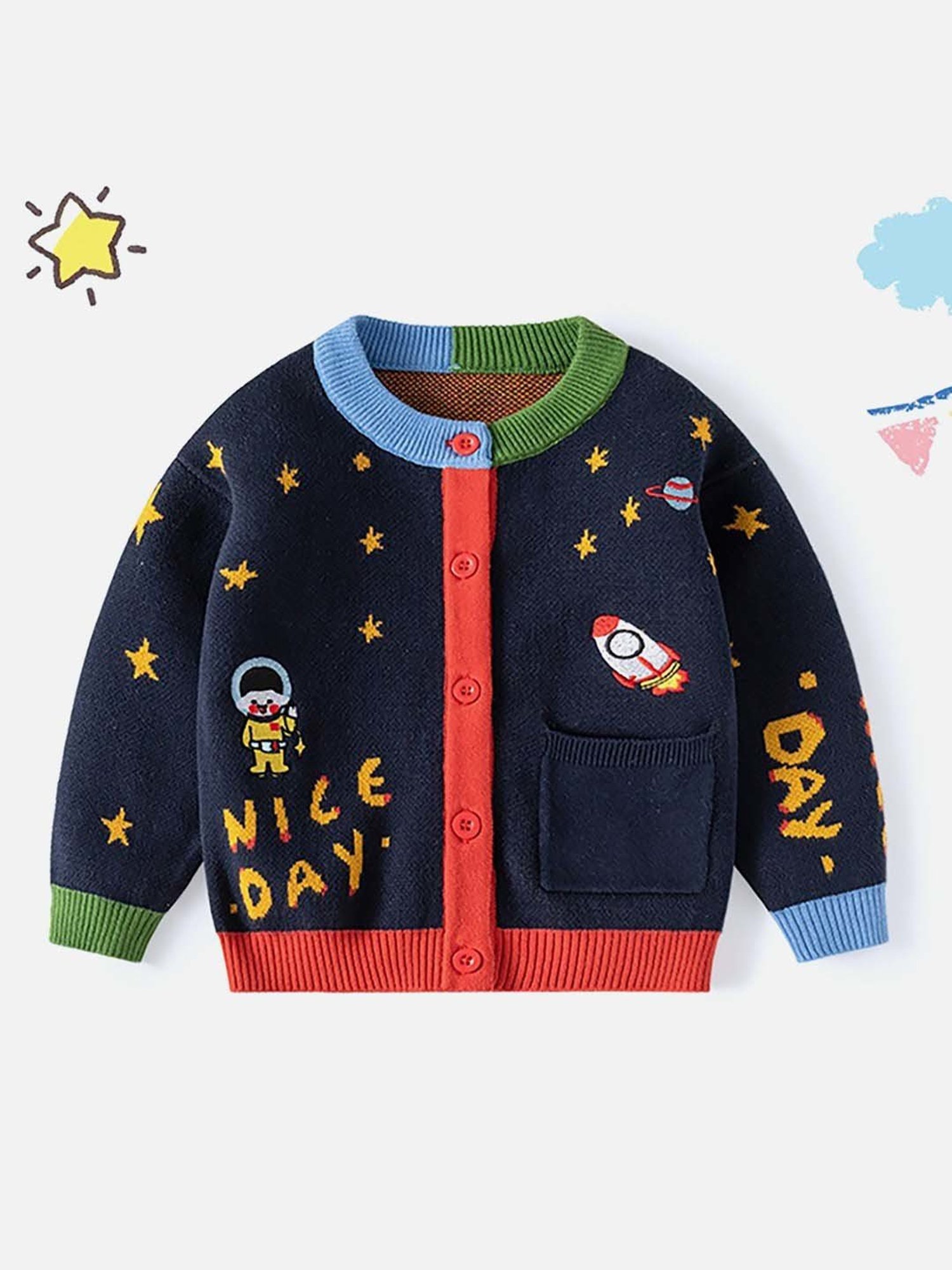 Little Surprise Box Kids Navy Printed Full Sleeves Cardigan