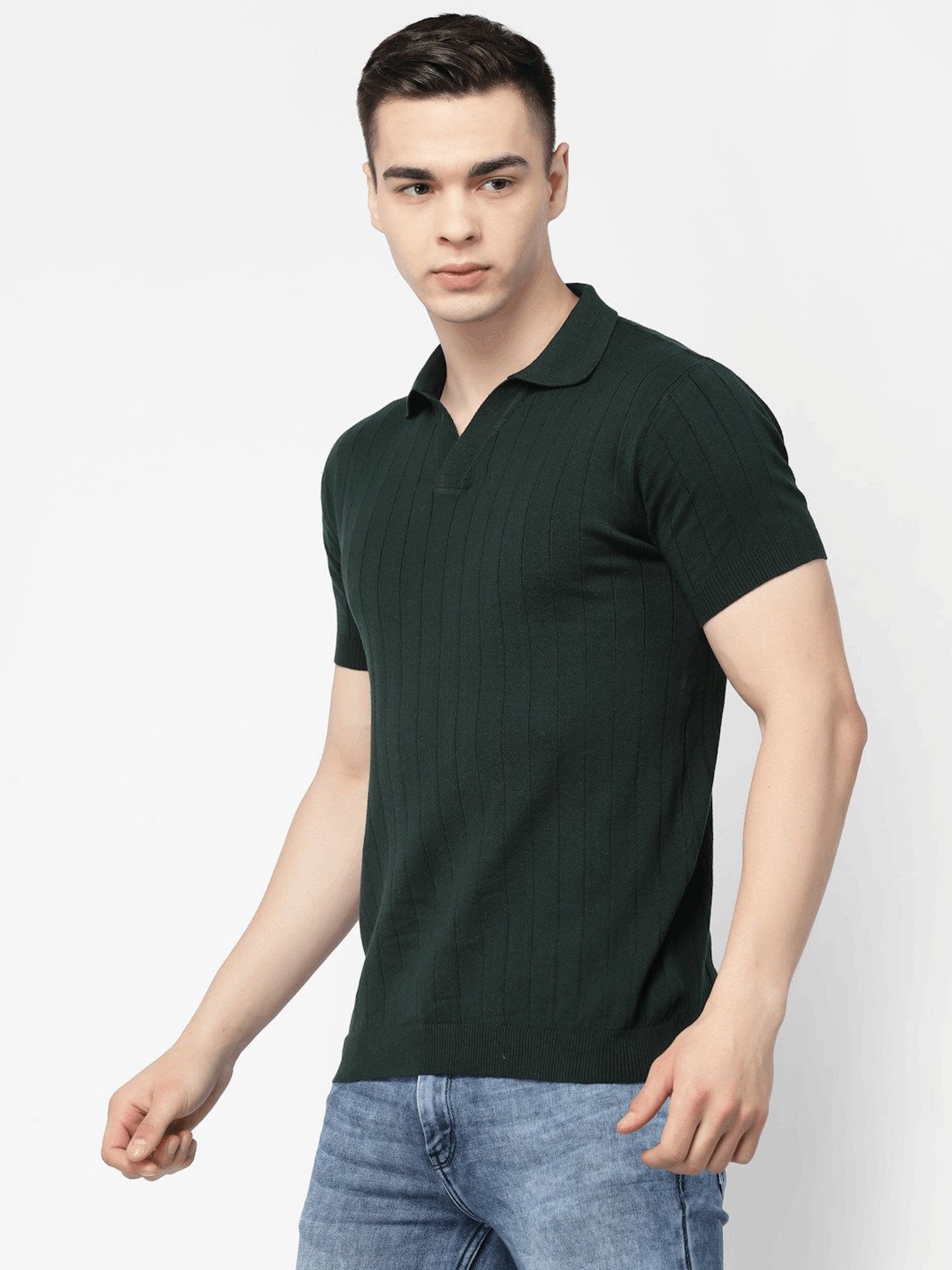 Kalt Dark Green Regular Fit Striped Polo T-Shirt