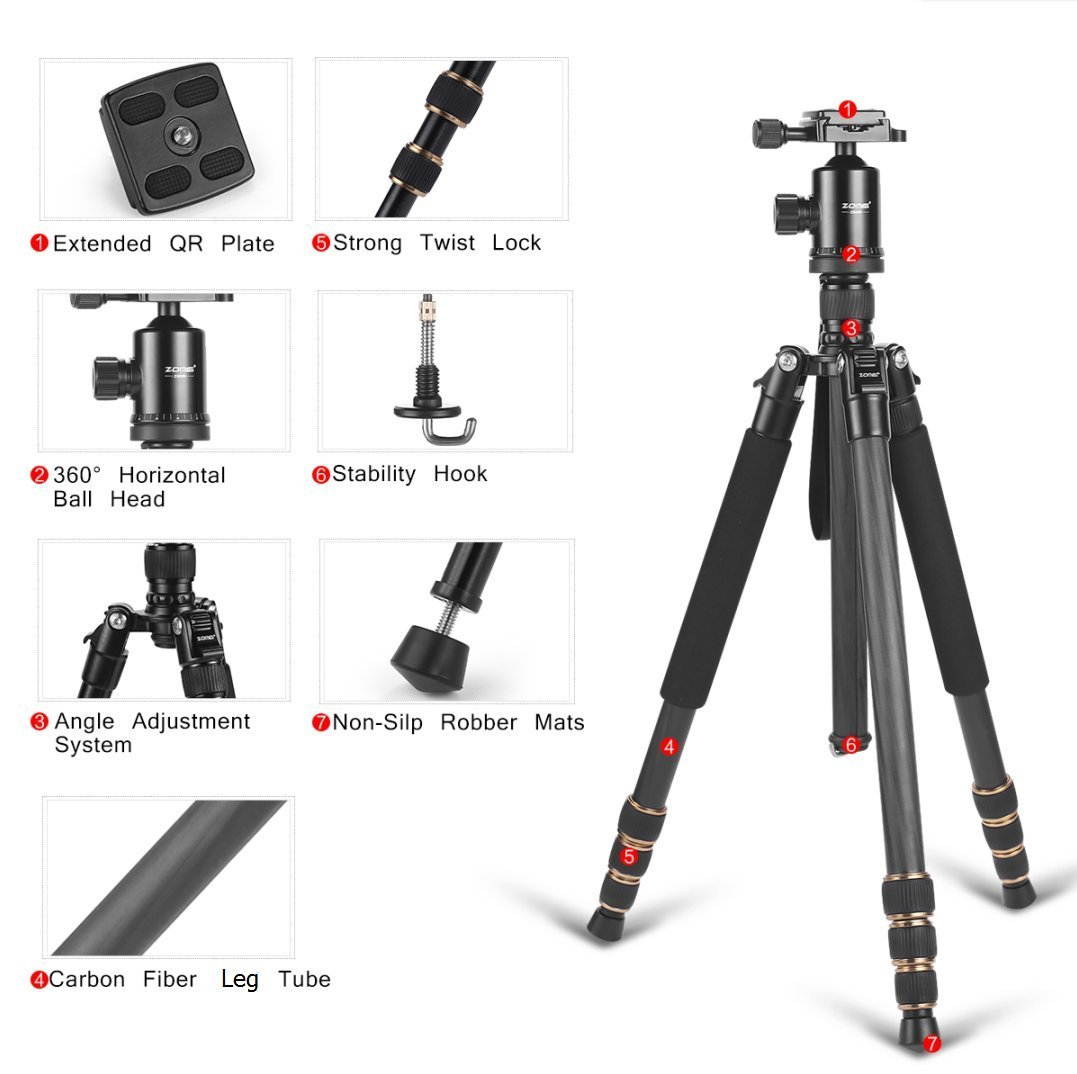 ZOMEi Z668C (Upgraded Version) Portable Carbon Fiber Tripod Pro Monopod+Ball Head and Quick Release Plate for DSLR Camera