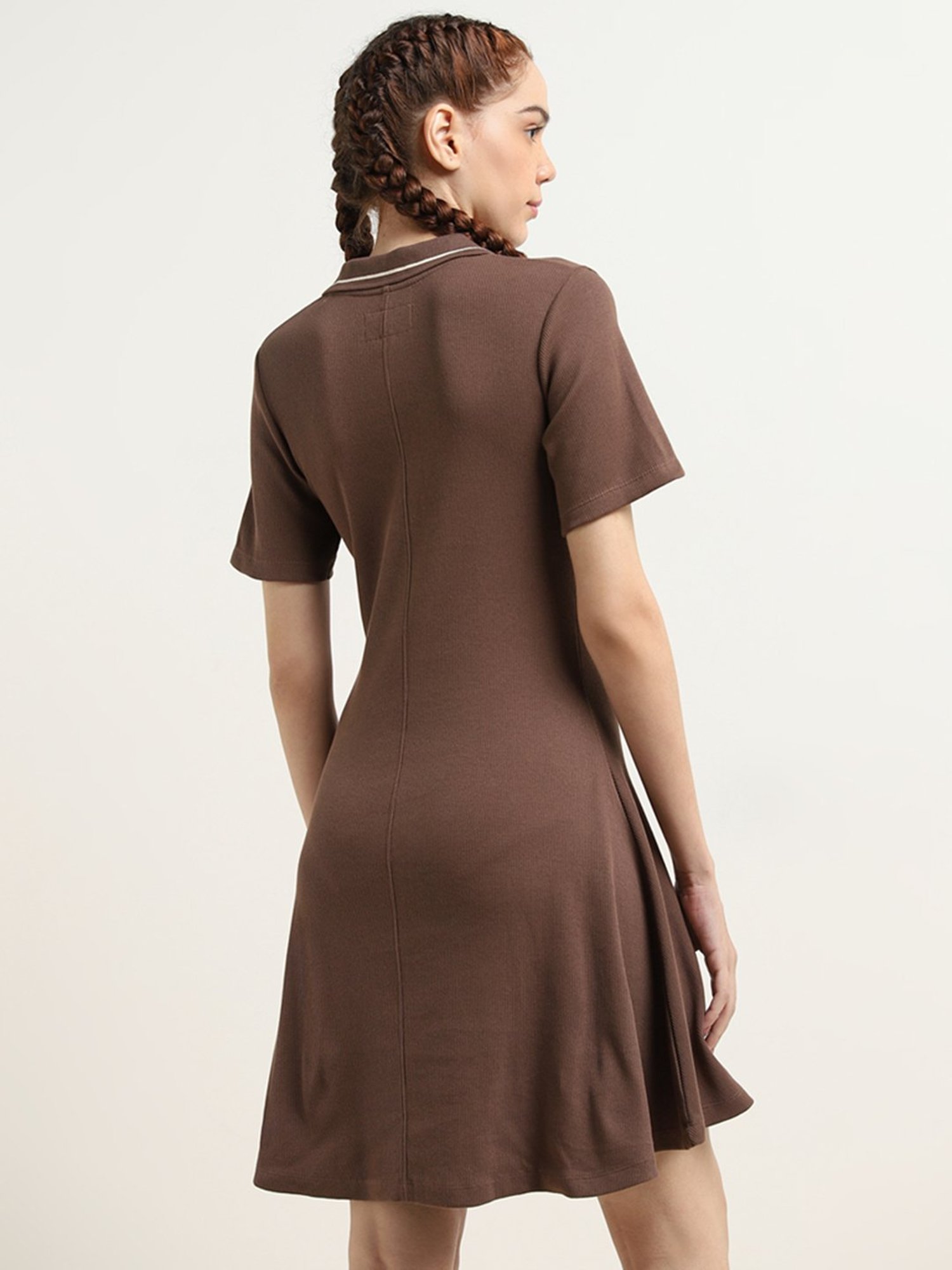 Studiofit by Westside Brown Ribbed-Textured Skater Cotton Blend Dress