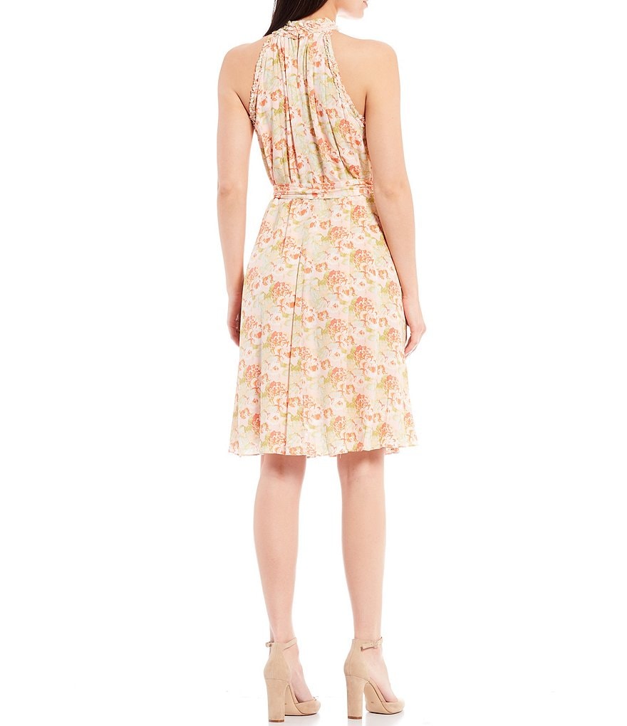 Gibson & Latimer Ruffle Trim Halter Neck Belted Floral Dress
