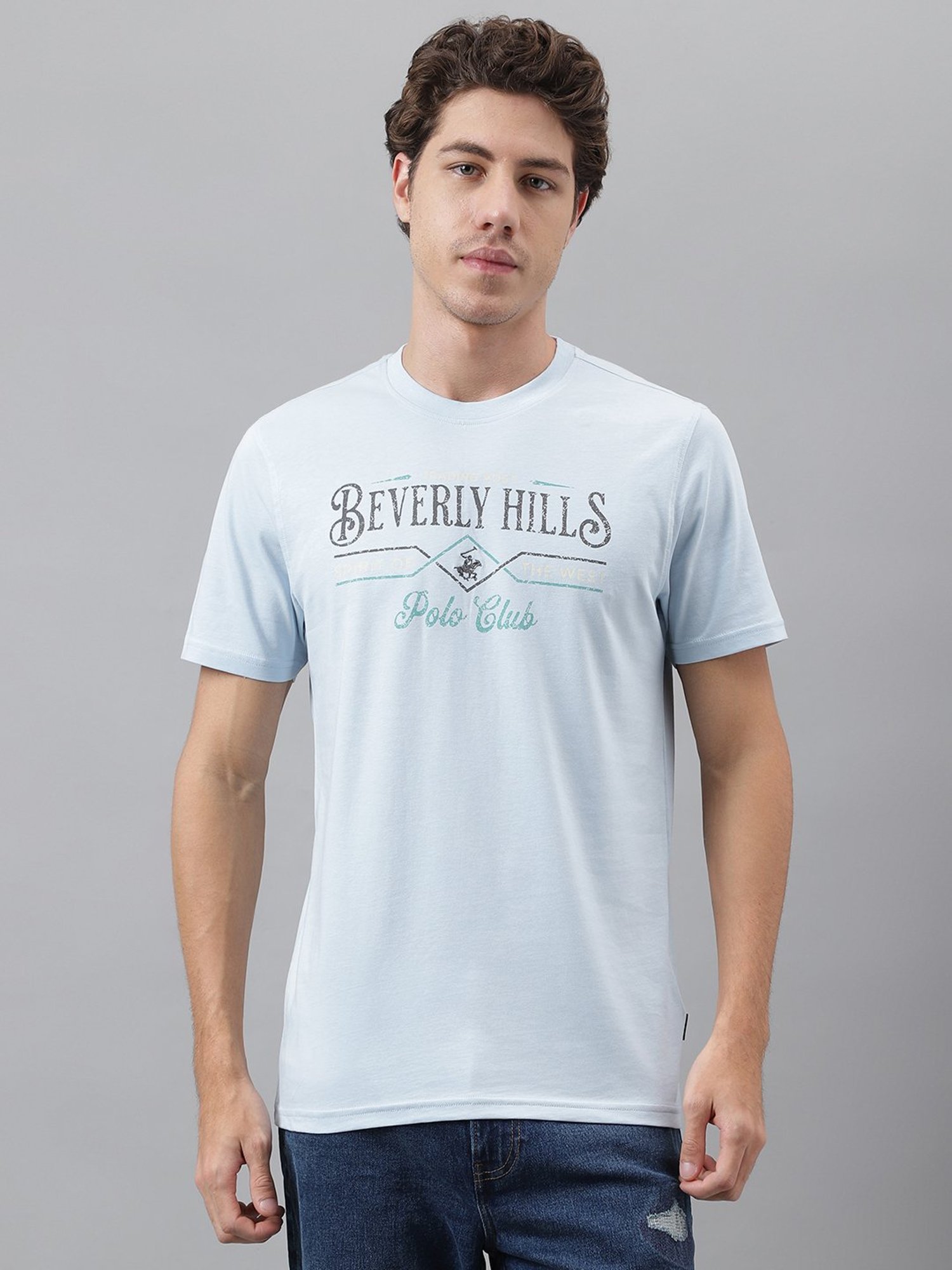 Beverly Hills Polo Club Light Blue Regular Fit Printed Cotton Crew T-Shirt