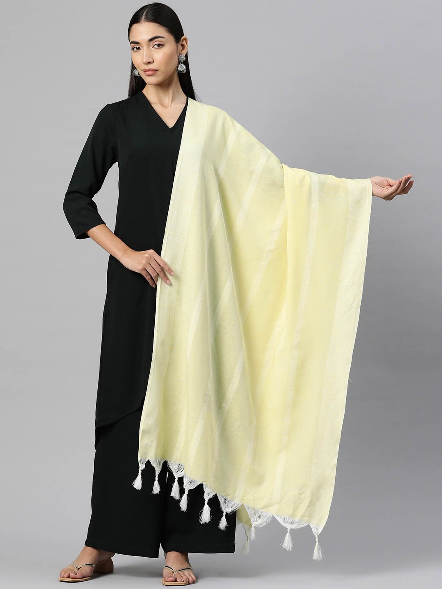 One Femme Yellow Cotton Striped Dupatta