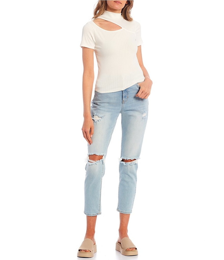 Love & Piece Mock-Neck Button-Side Ribbed Knit Top