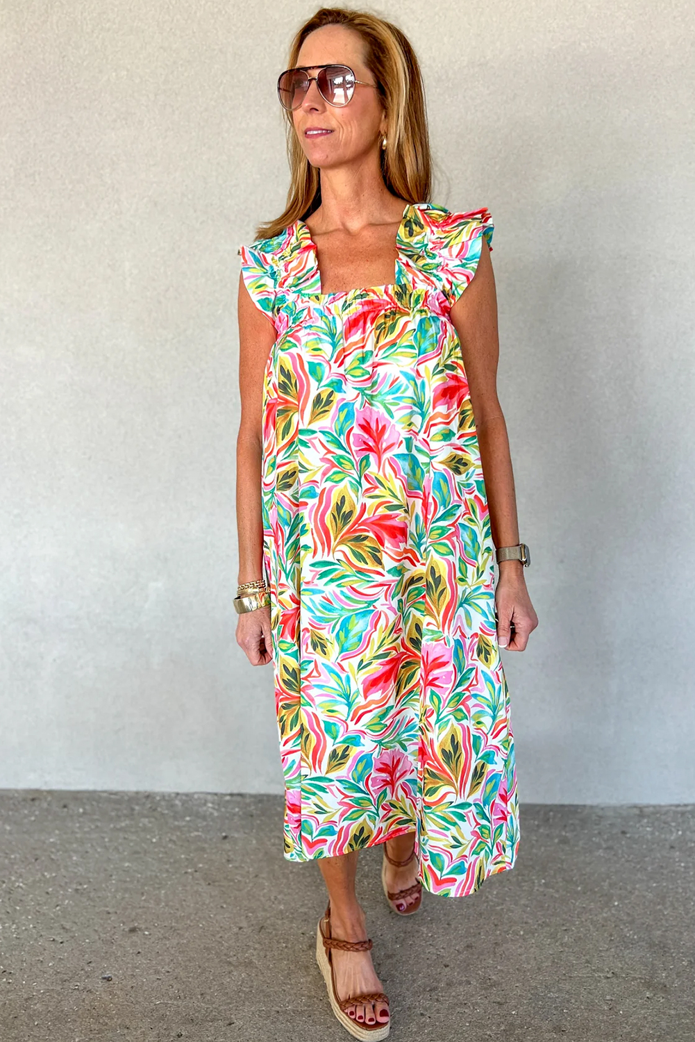 Multicolor Boho Floral Collared Long Sleeve Dress