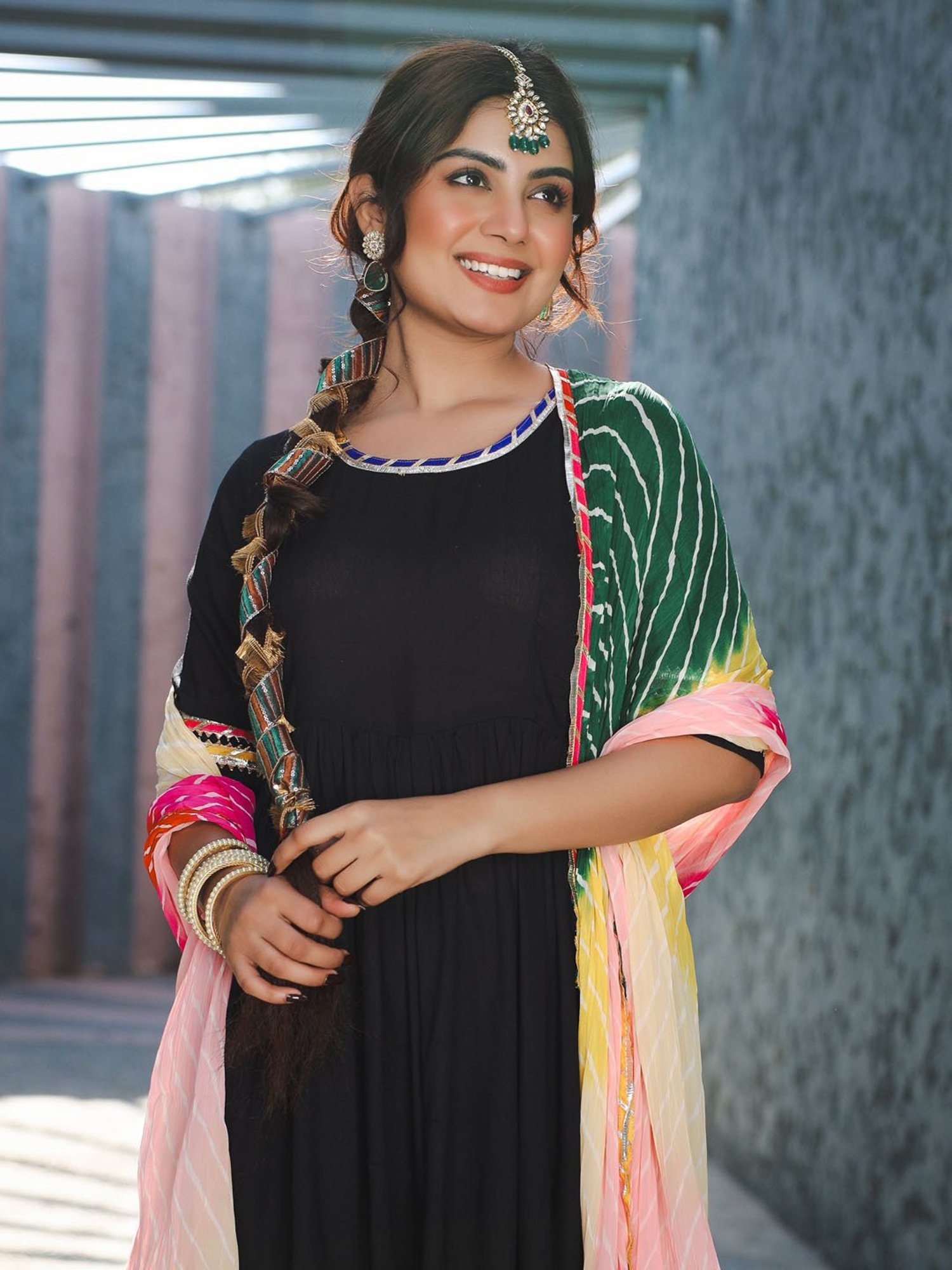 Thread and Button Rayon Emily Black Suit with Multicolour Dupatta