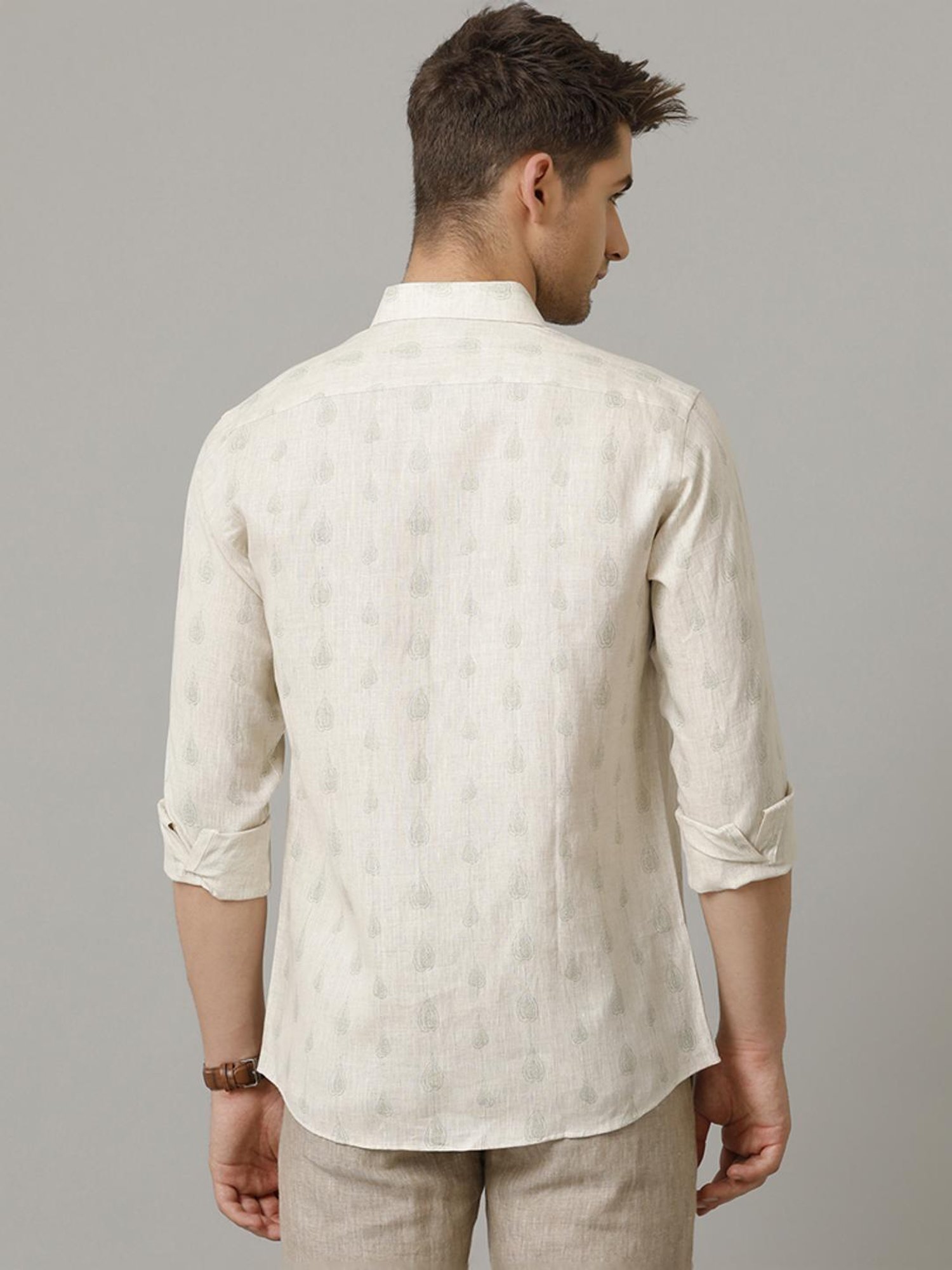 Linen Club Beige Linen Contemporary Fit Printed Shirt