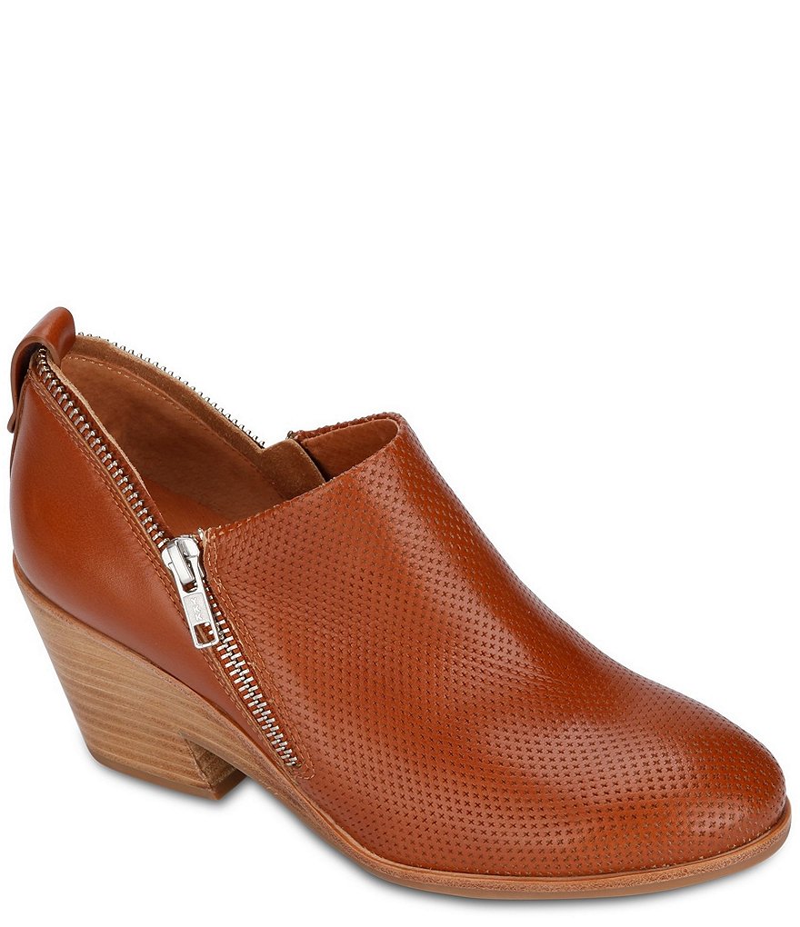 Gentle Souls Blaise Perforated Leather Double Zipper Detail Block Heel Ankle Booties