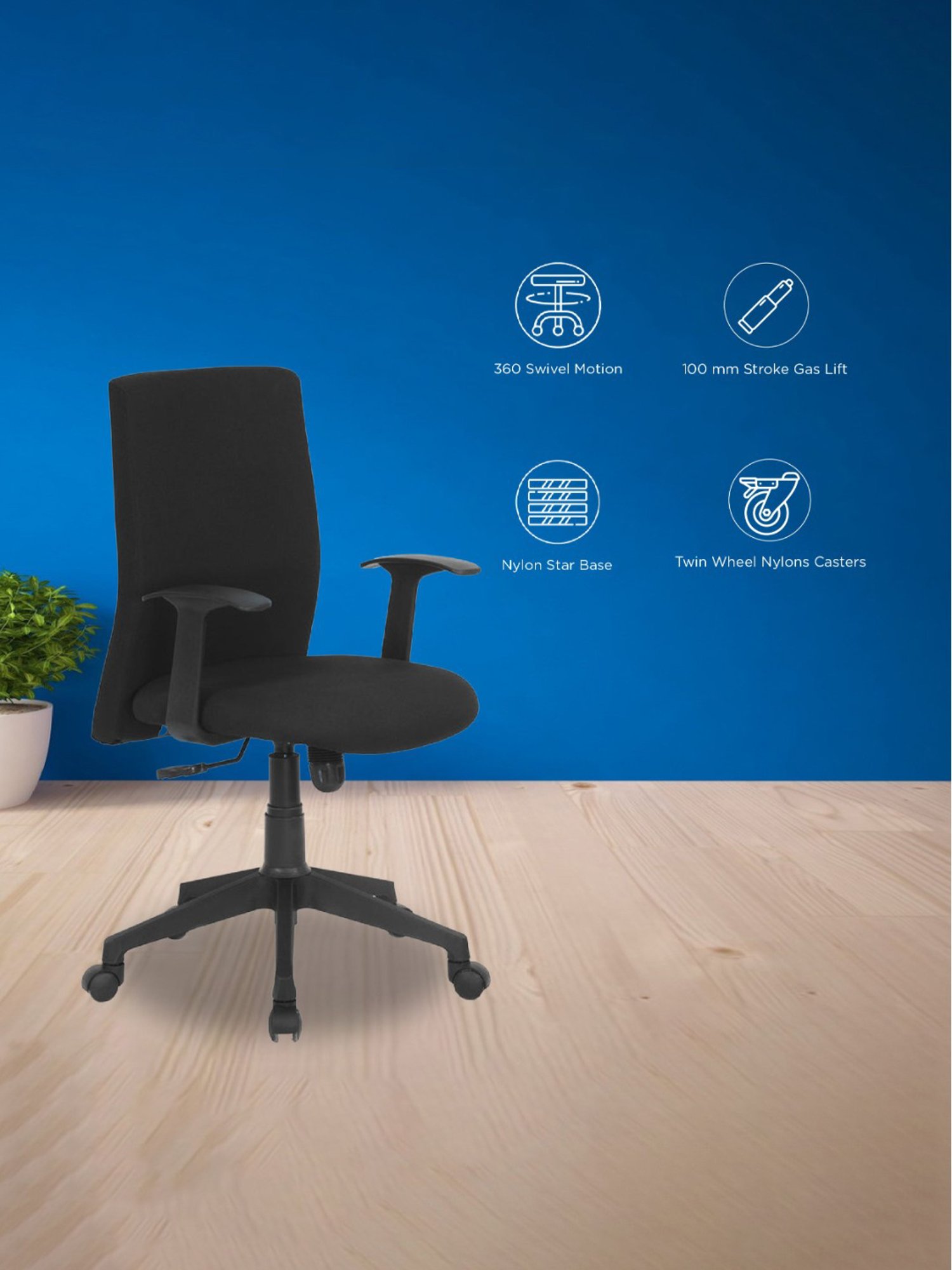 Nilkamal Optima Black Fabric Mid Back Office Chair with Height Adjustable & Swivel