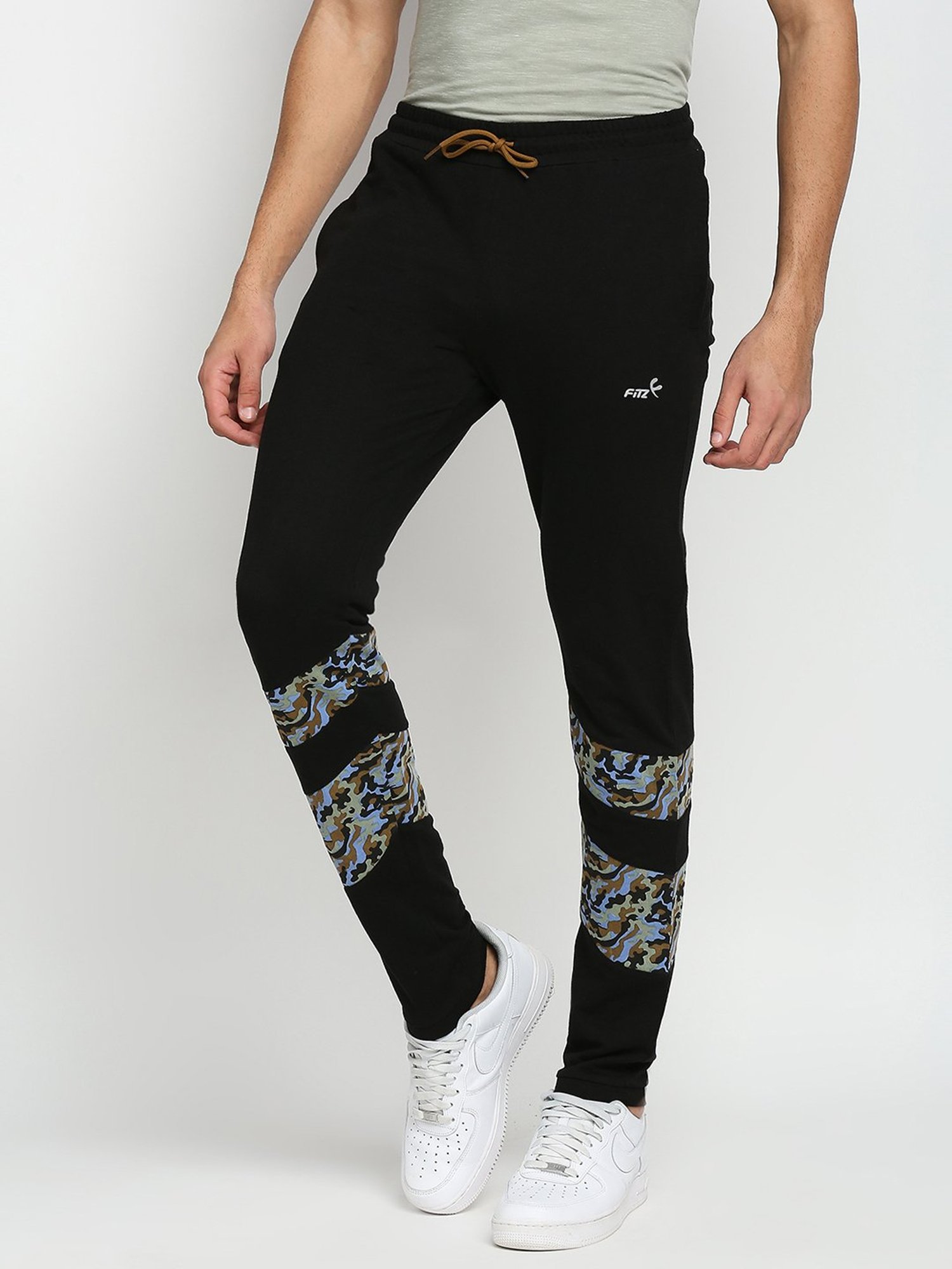 Fitz Black Slim Fit Camo Print Sports Trackpants