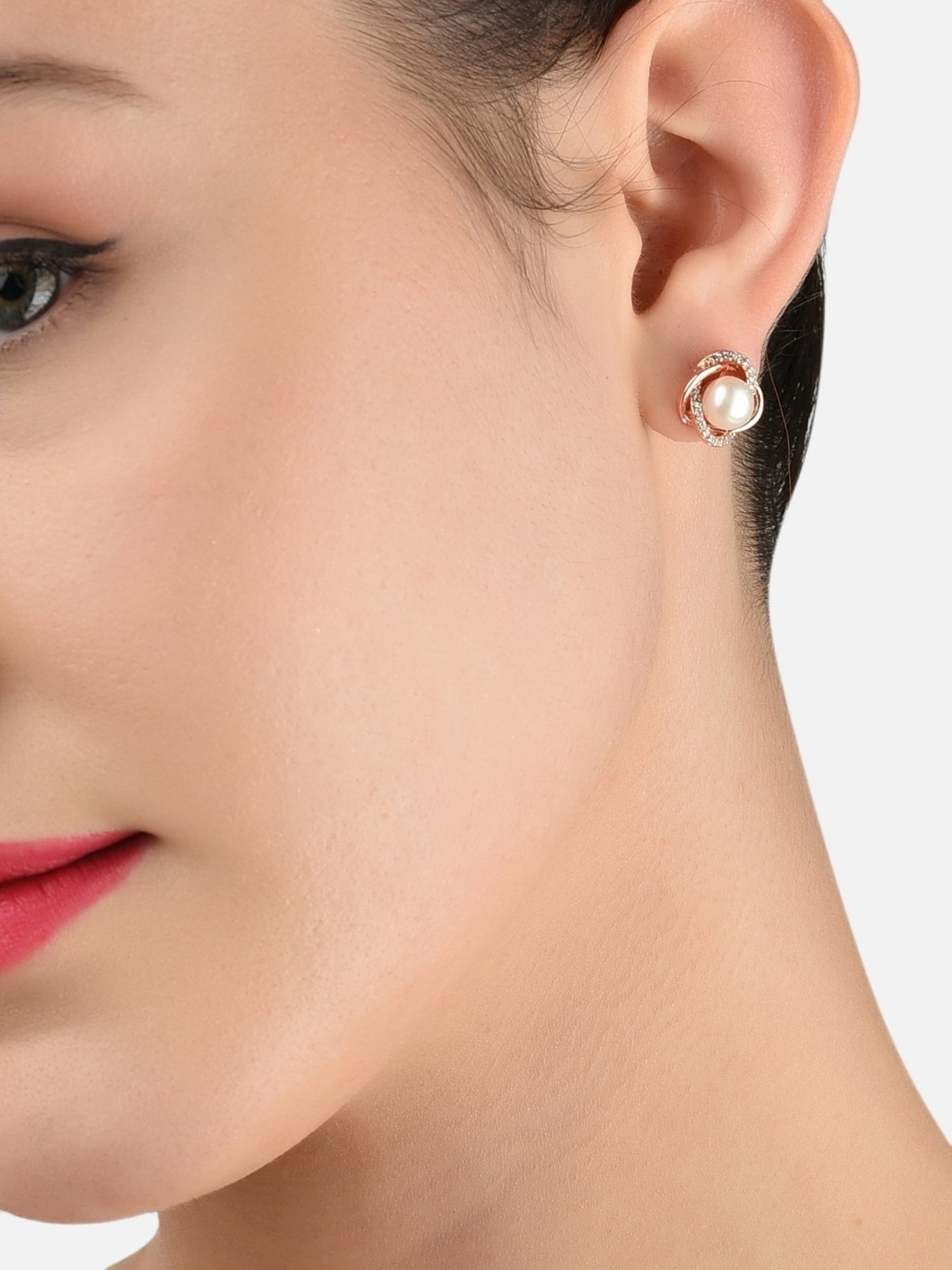 Zaveri Pearls Set of 3 Rose Gold Contemporary Cubic Zirconia Stud Earrings - ZPFK13491