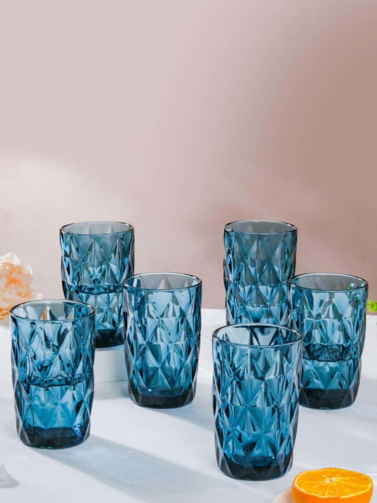 Nestasia high quality geometric design Crystal Blue large tumbler drinkware (Set of 6, each 350 ml)