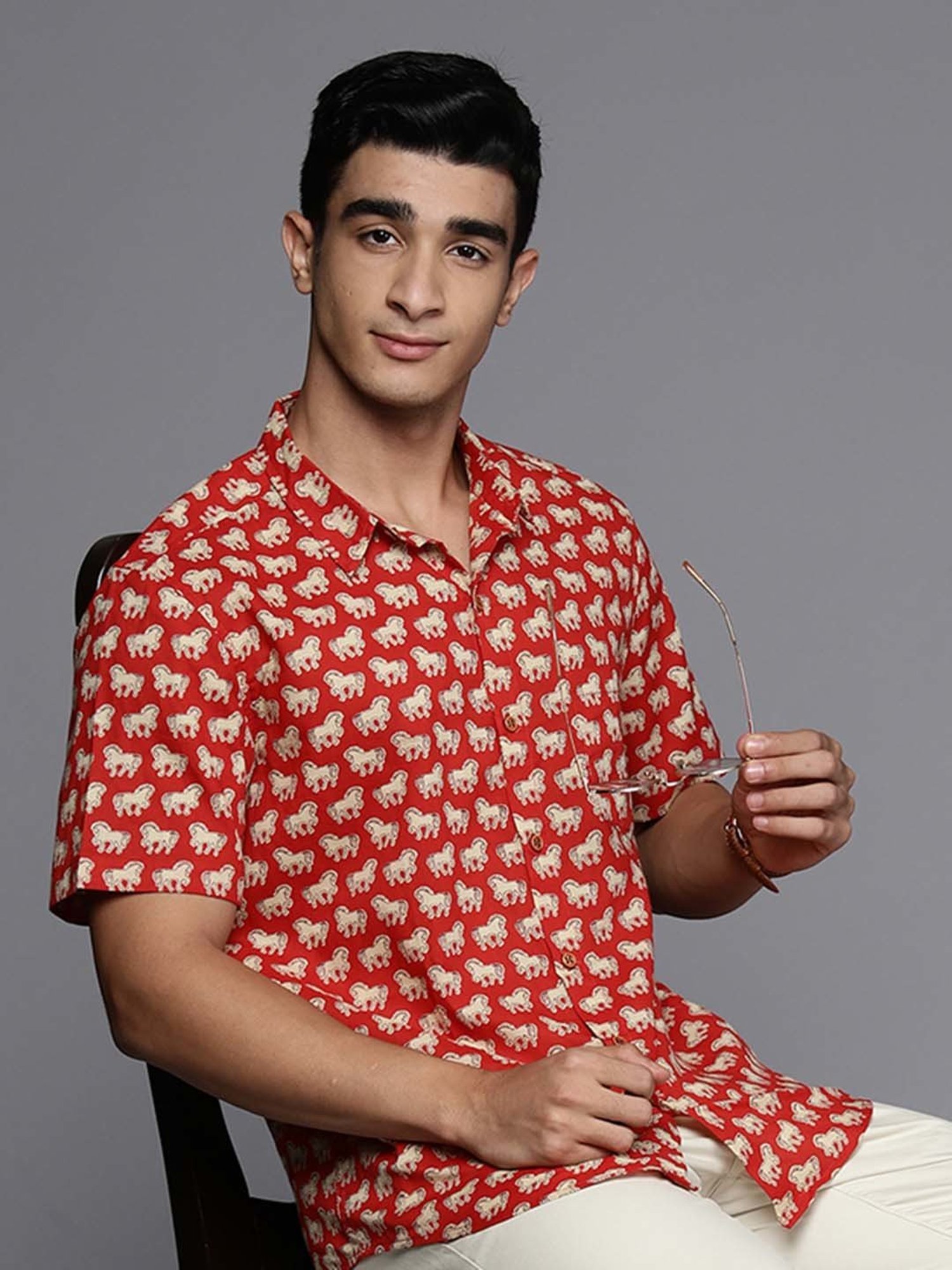 Indo Era Red Regular Fit Printed Ethnic Shirt