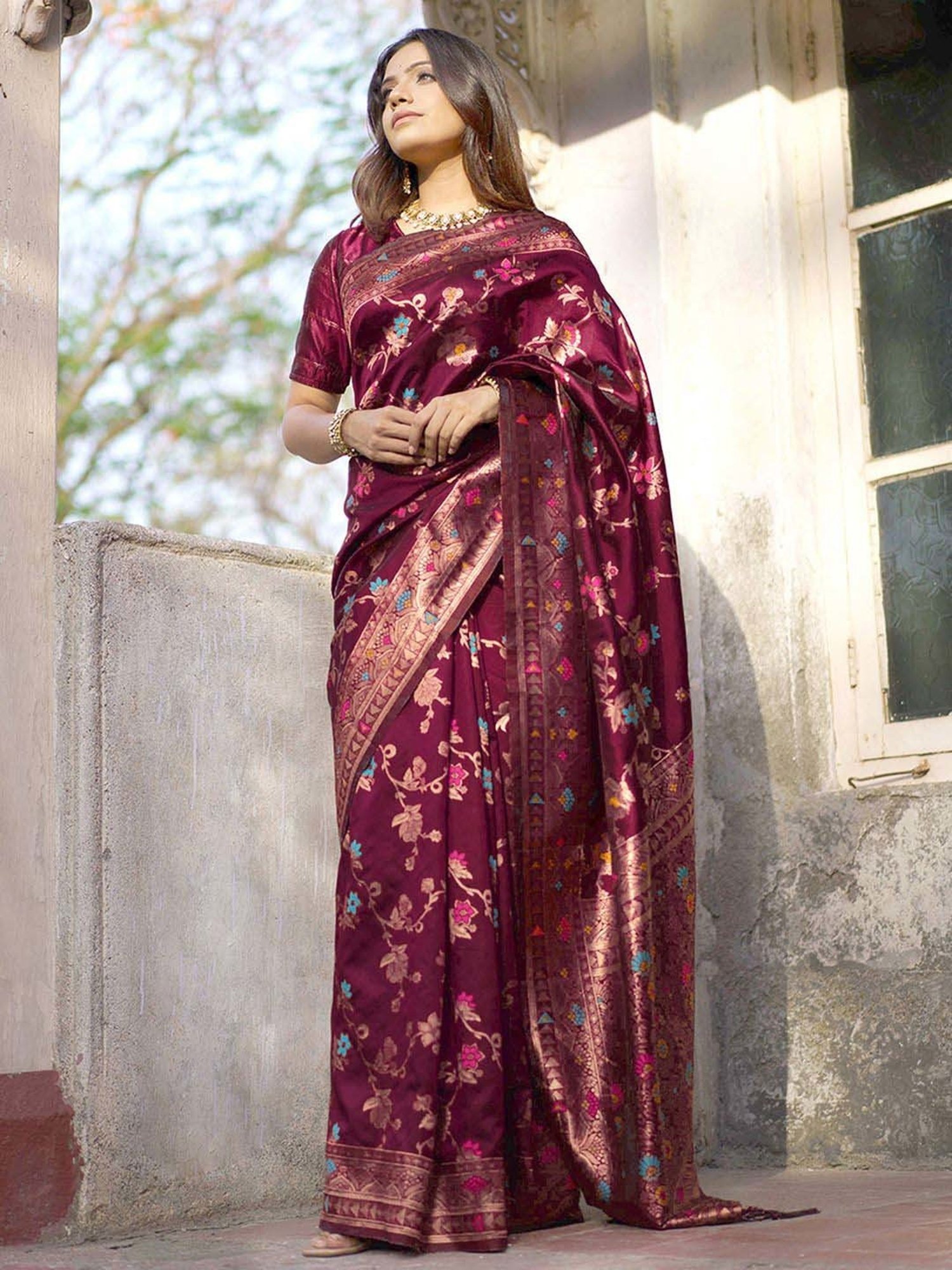 Unnati Silks Red Silk Printed Saree With Unstitched Blouse